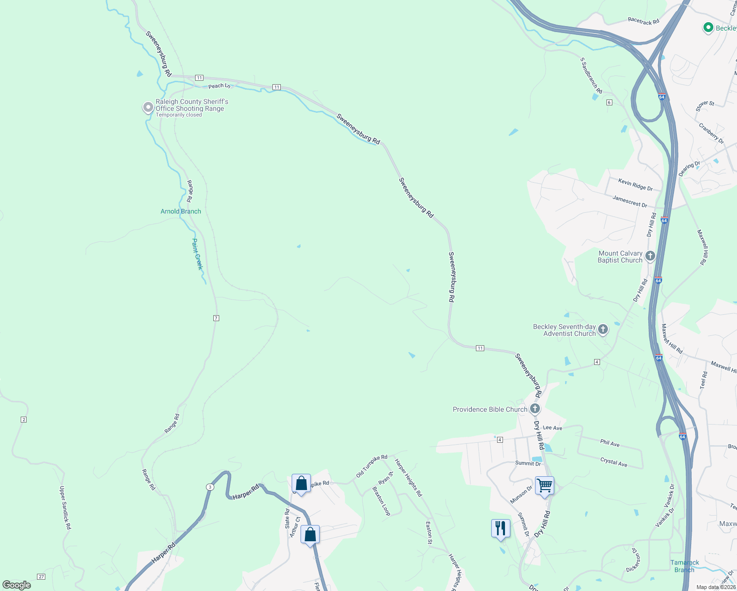 map of restaurants, bars, coffee shops, grocery stores, and more near 450 Surprise Valley Road in Beckley