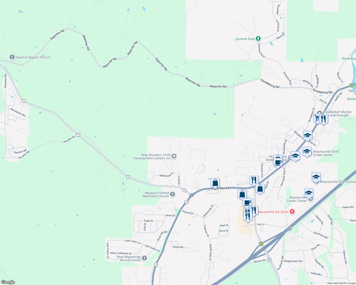 map of restaurants, bars, coffee shops, grocery stores, and more near 1733 J C Avenue in Waynesville
