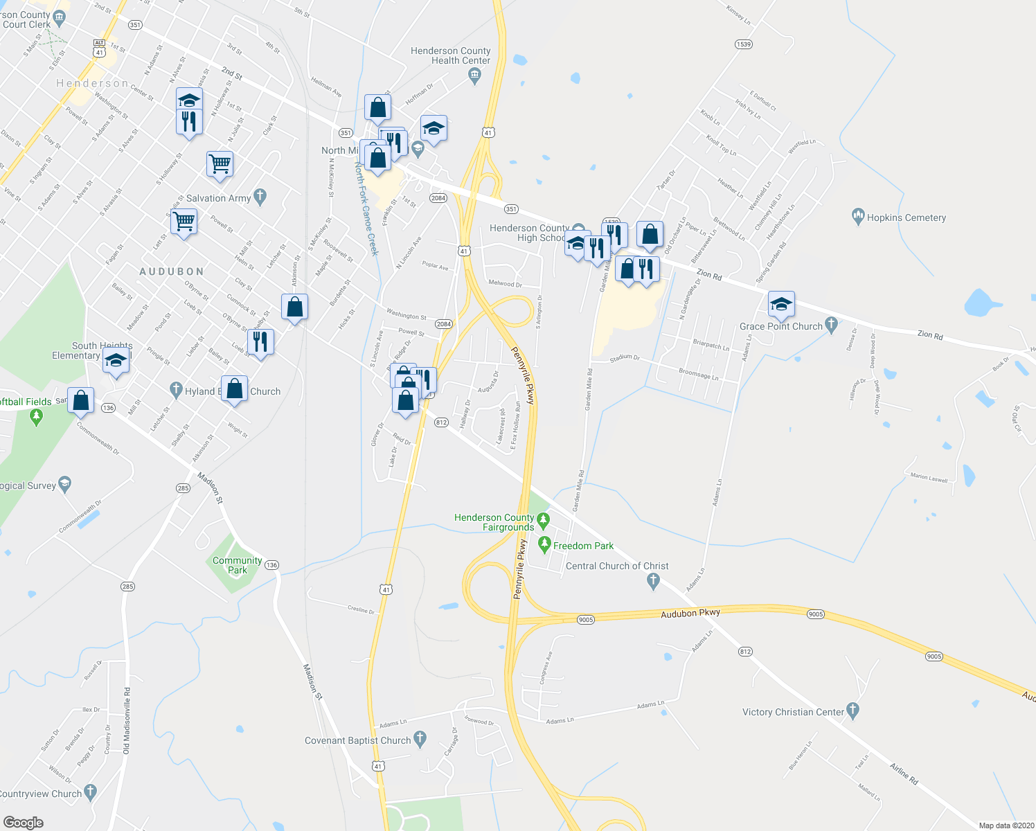 map of restaurants, bars, coffee shops, grocery stores, and more near East Fox Hollow Run in Henderson