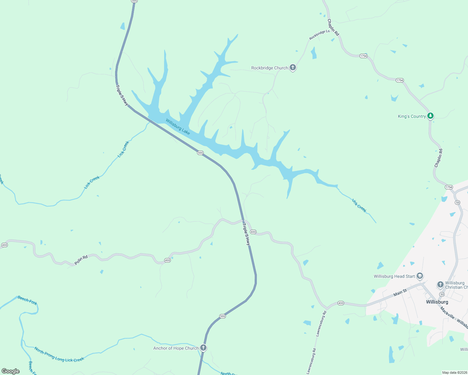 map of restaurants, bars, coffee shops, grocery stores, and more near 10637-10883 Triple 5 Highway in Willisburg