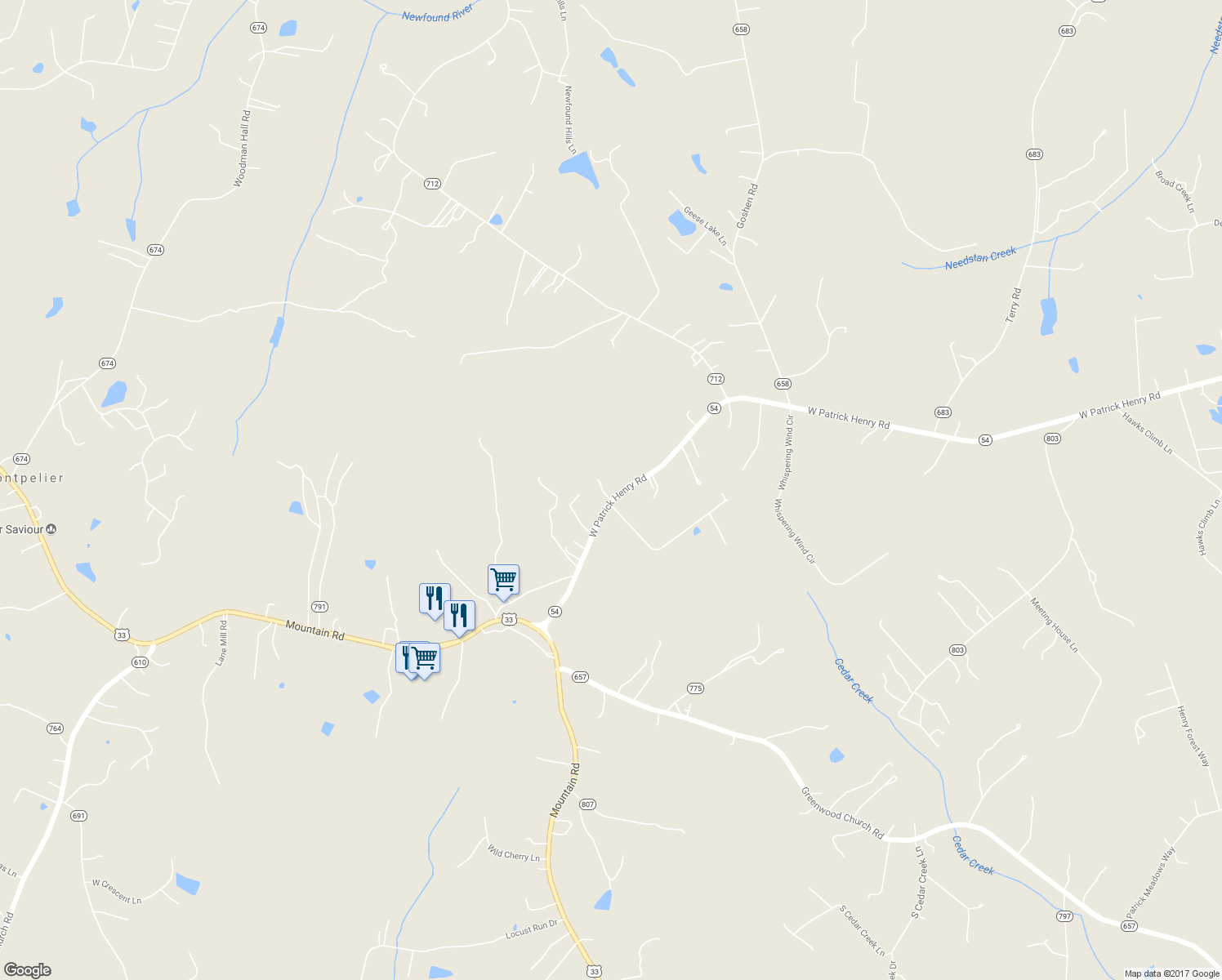 map of restaurants, bars, coffee shops, grocery stores, and more near 16152 West Patrick Henry Road in Montpelier