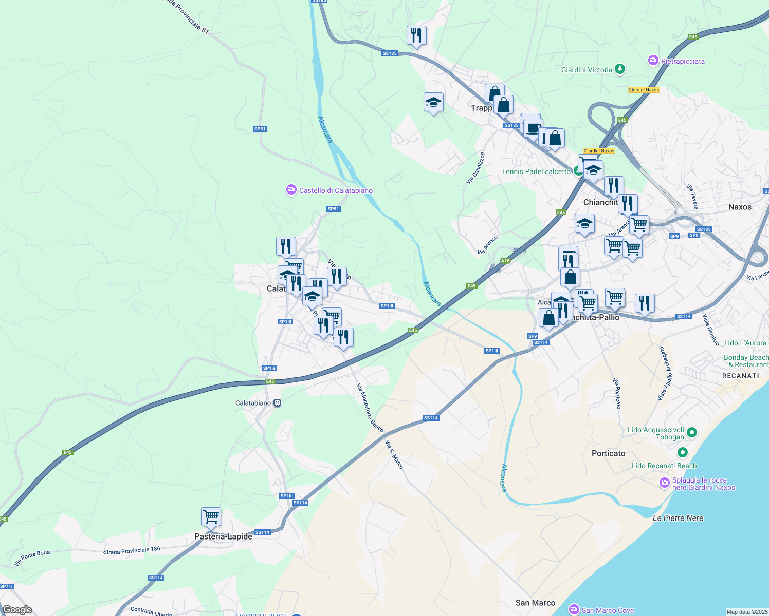 map of restaurants, bars, coffee shops, grocery stores, and more near 226 Via Garibaldi in Calatabiano