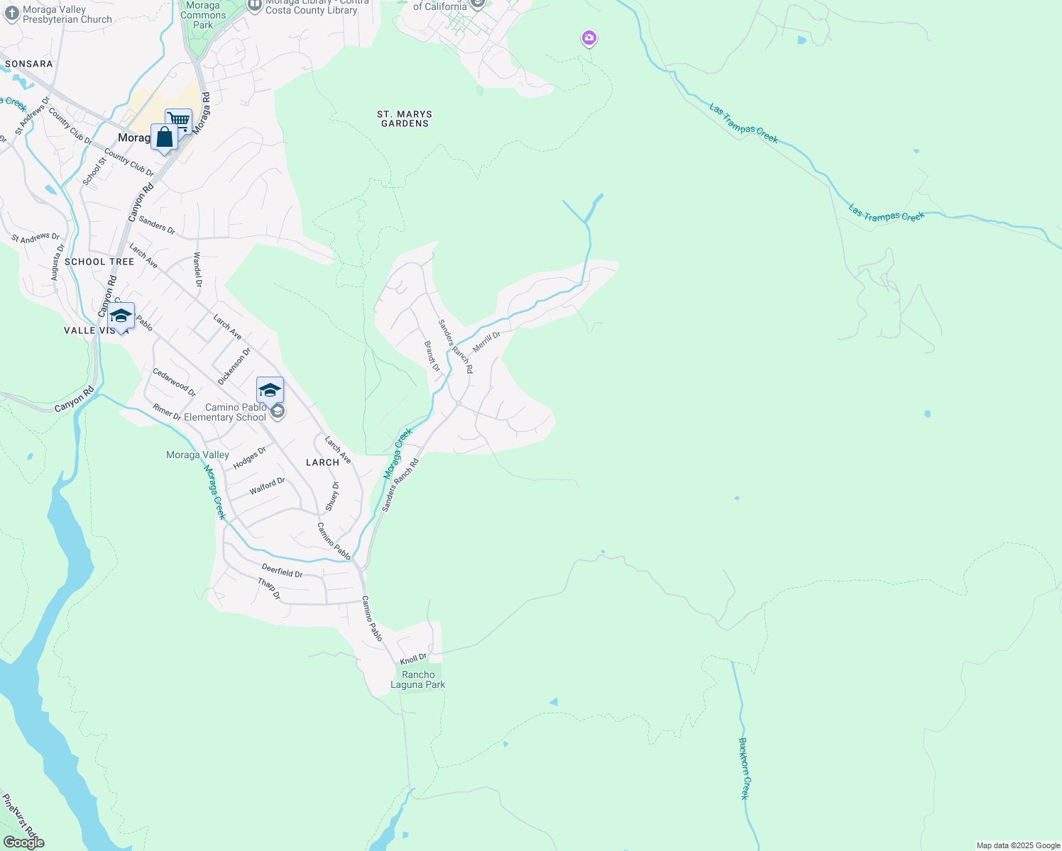 map of restaurants, bars, coffee shops, grocery stores, and more near 9 Irvine Drive in Moraga