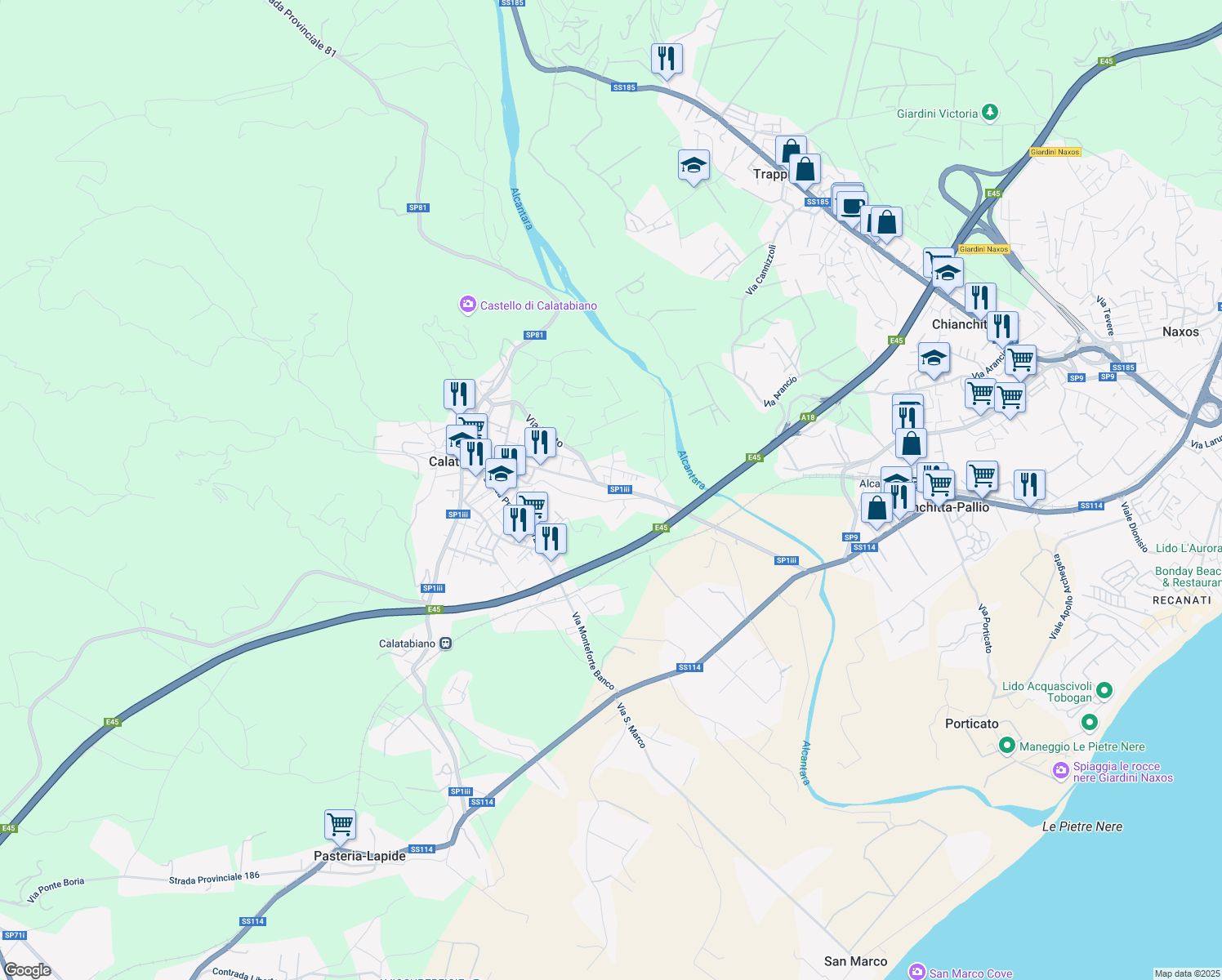 map of restaurants, bars, coffee shops, grocery stores, and more near 226 Via Garibaldi in Calatabiano