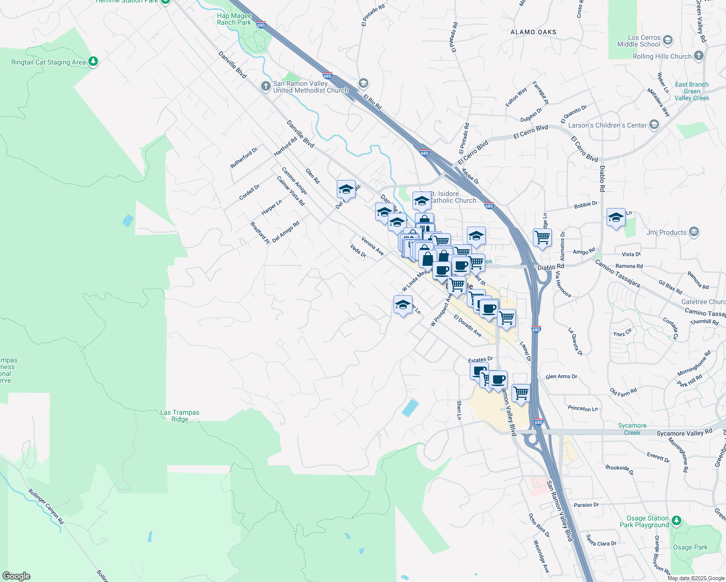 map of restaurants, bars, coffee shops, grocery stores, and more near 17 Mauri Court in Danville