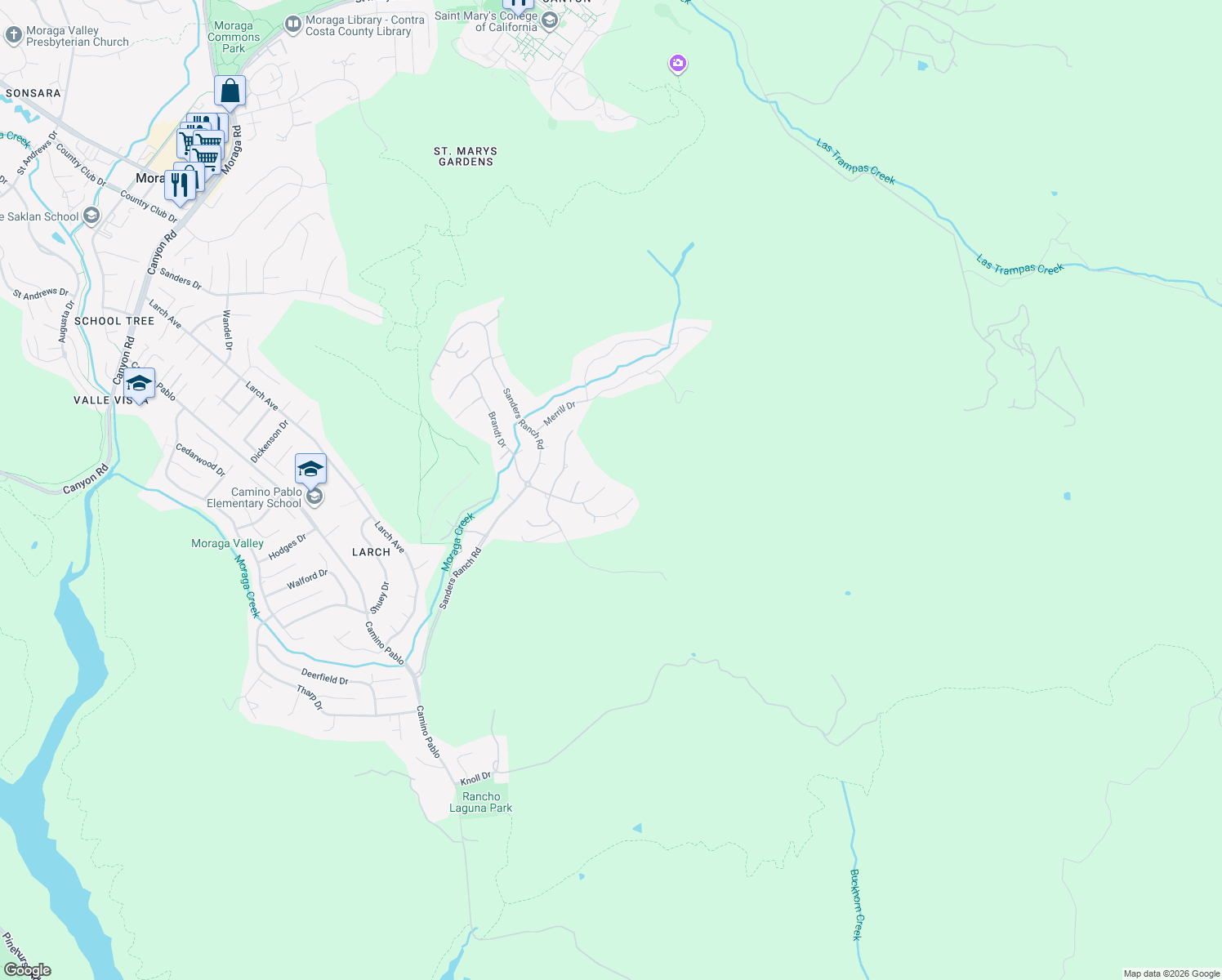 map of restaurants, bars, coffee shops, grocery stores, and more near 30 Harrington Road in Moraga