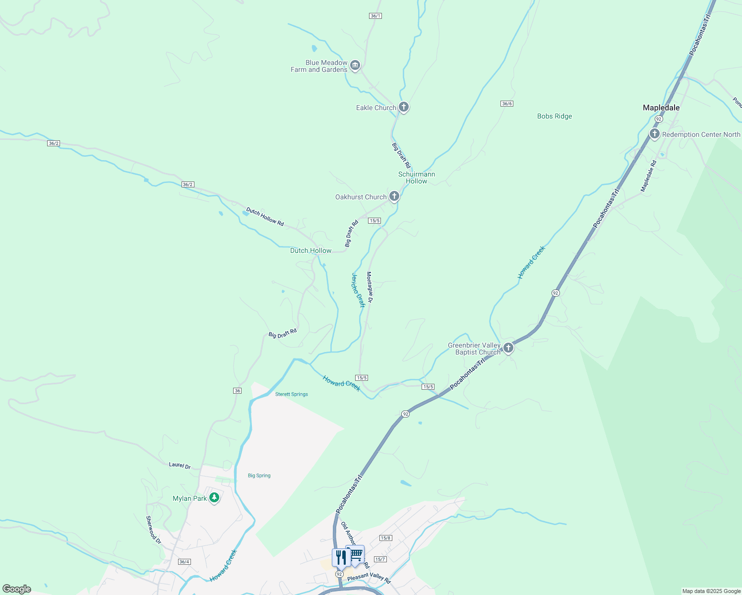 map of restaurants, bars, coffee shops, grocery stores, and more near Montague Drive in White Sulphur Springs