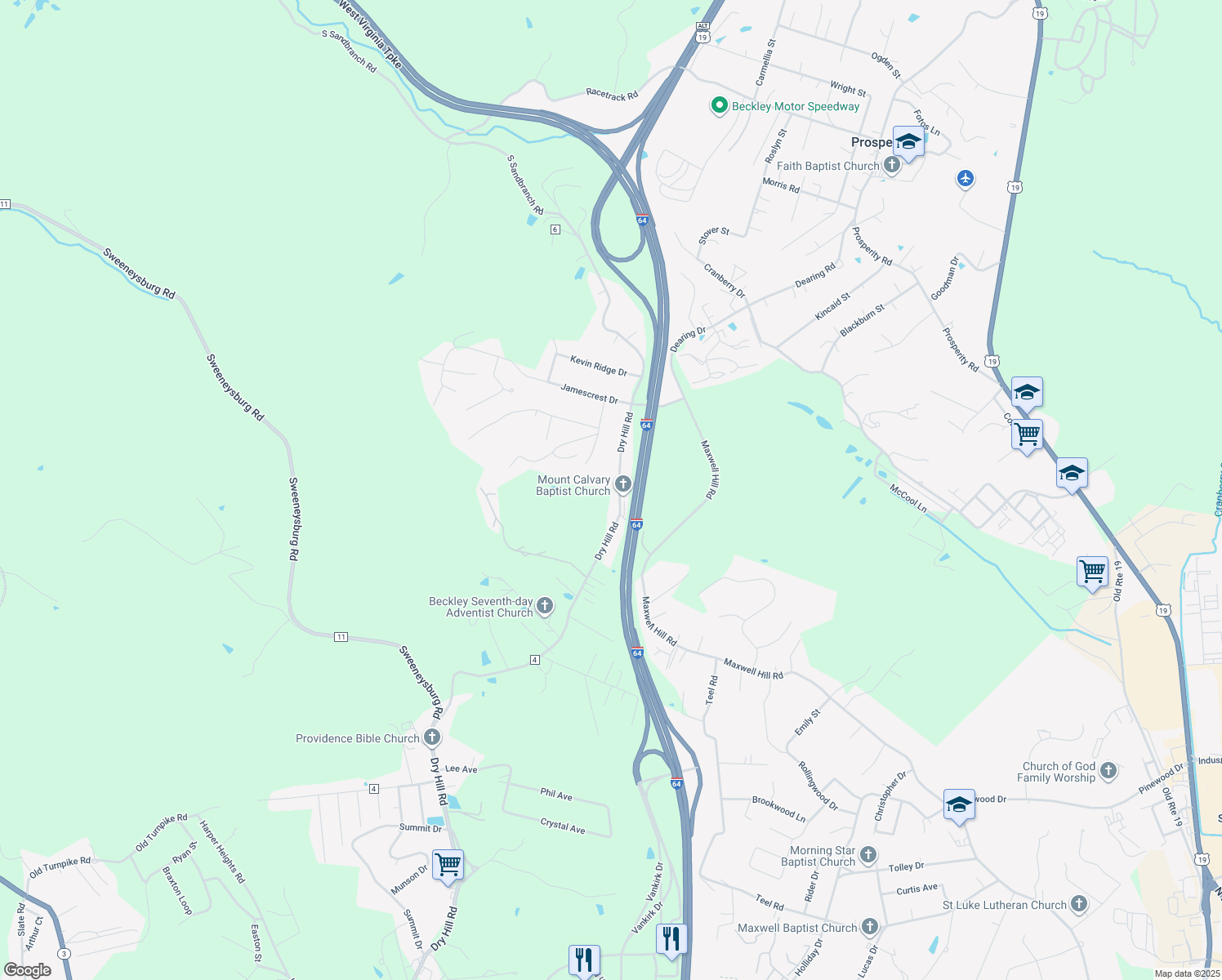 map of restaurants, bars, coffee shops, grocery stores, and more near 1175 Dry Hill Road in Beckley