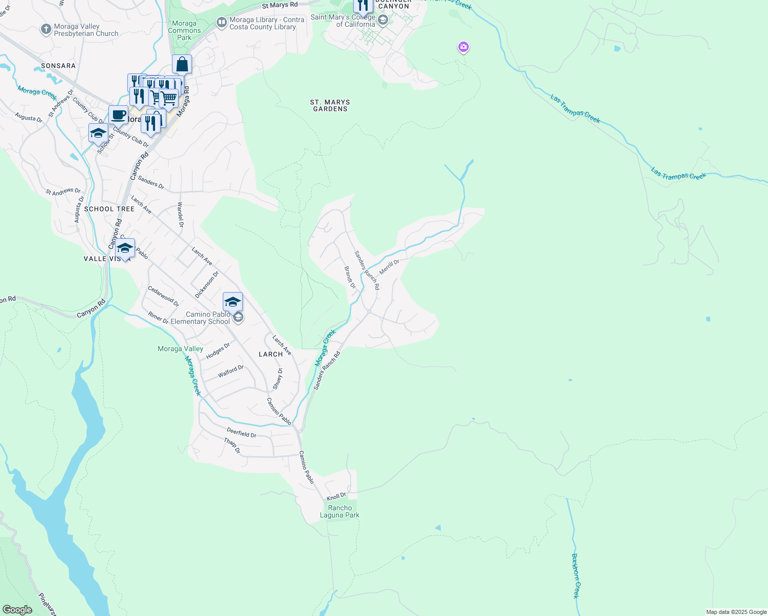 map of restaurants, bars, coffee shops, grocery stores, and more near 3 Magee Court in Moraga