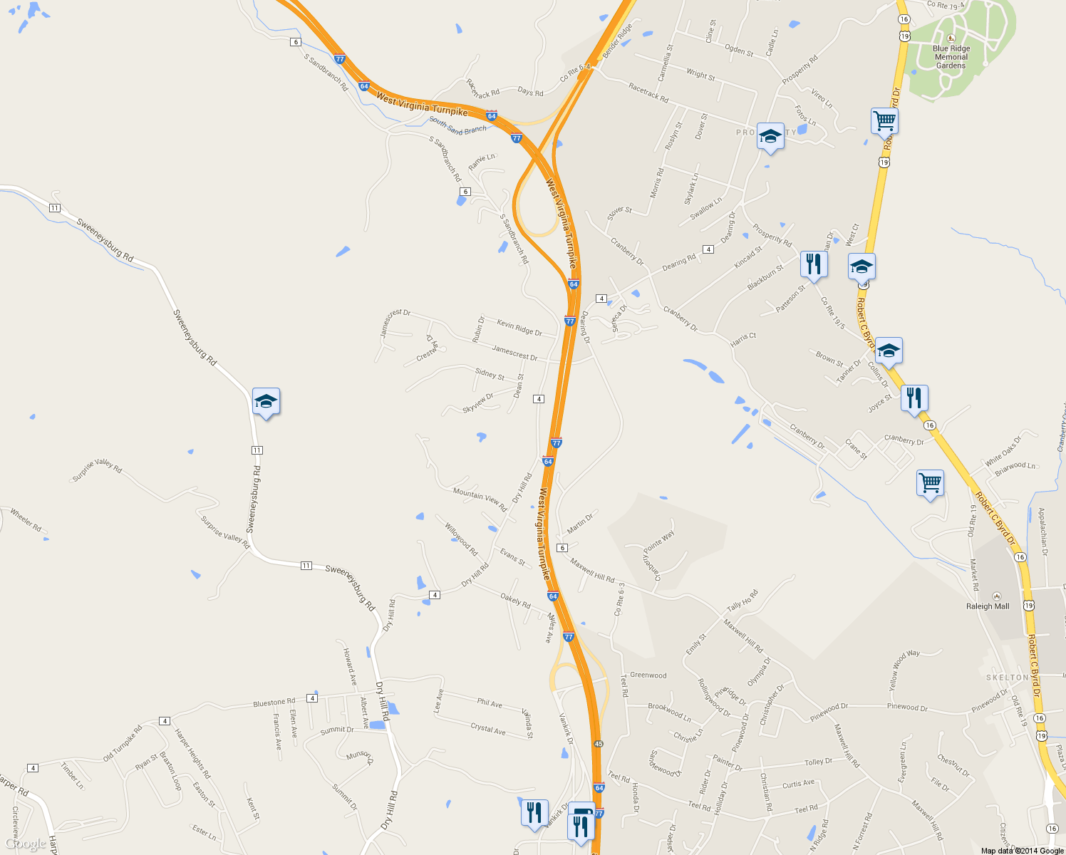 map of restaurants, bars, coffee shops, grocery stores, and more near 1175 Dry Hill Road in Beckley