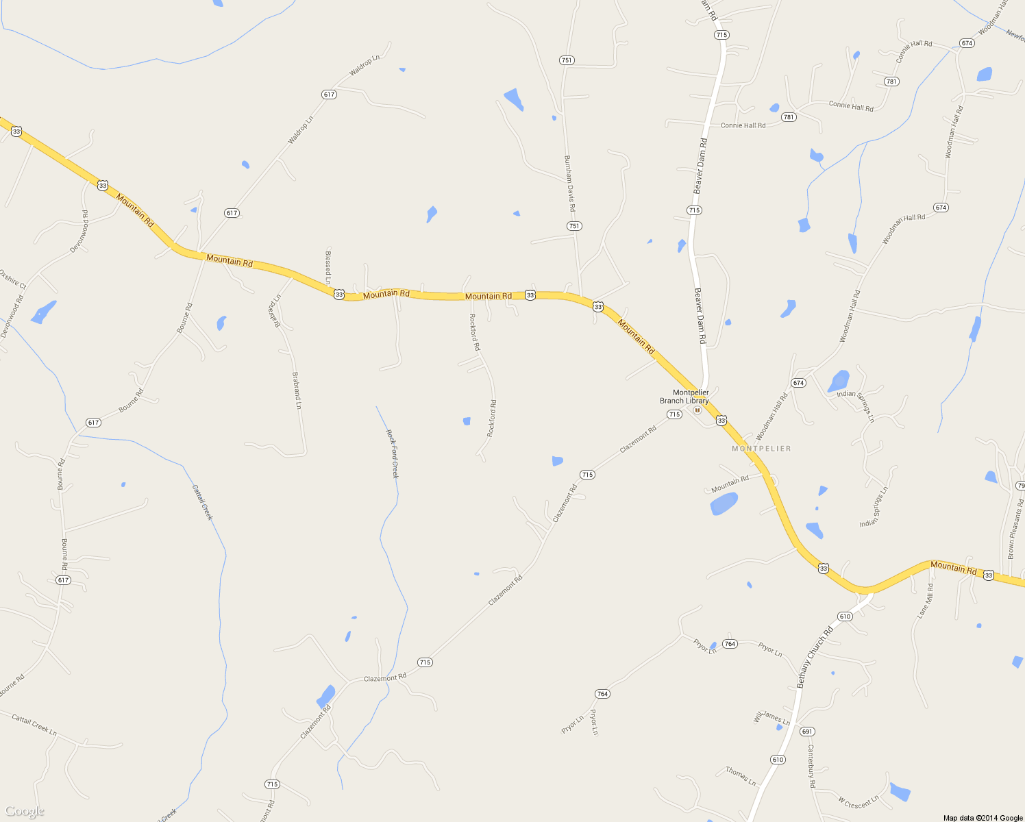 map of restaurants, bars, coffee shops, grocery stores, and more near 15216 Rockford Road in Montpelier