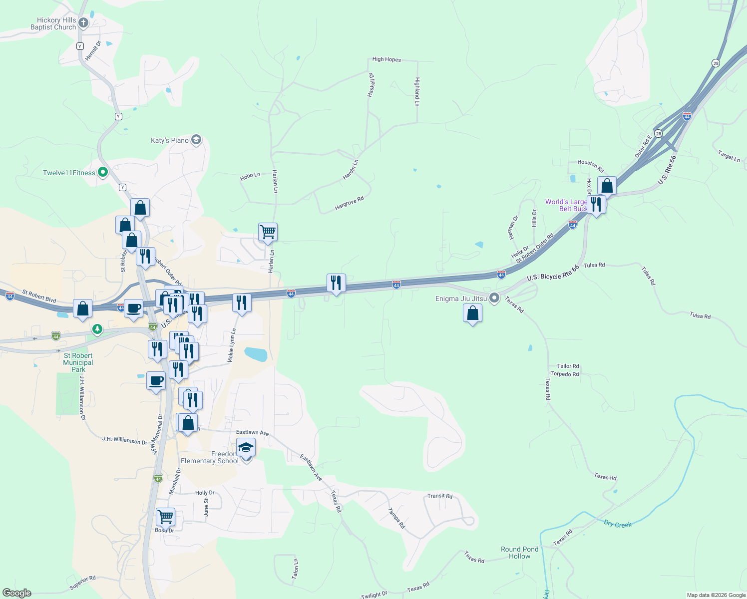 map of restaurants, bars, coffee shops, grocery stores, and more near 919 State Highway Z in Saint Robert