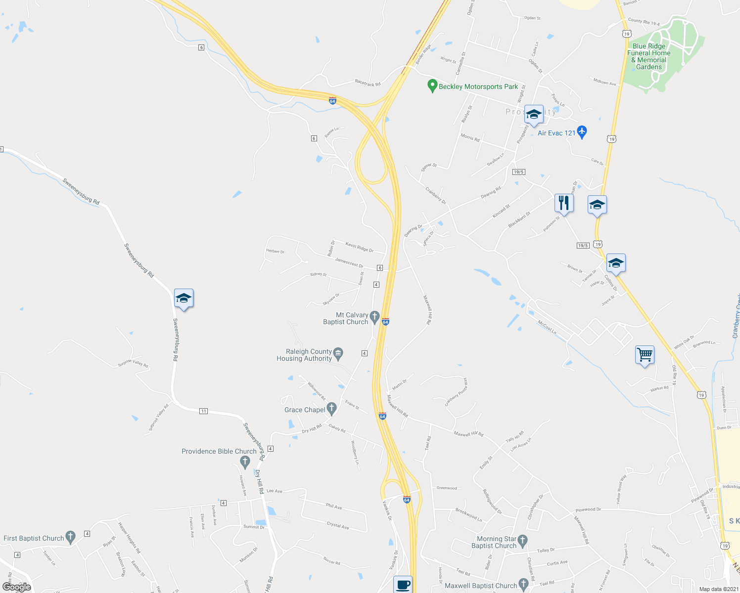 map of restaurants, bars, coffee shops, grocery stores, and more near 1207 Dry Hill Road in Beckley