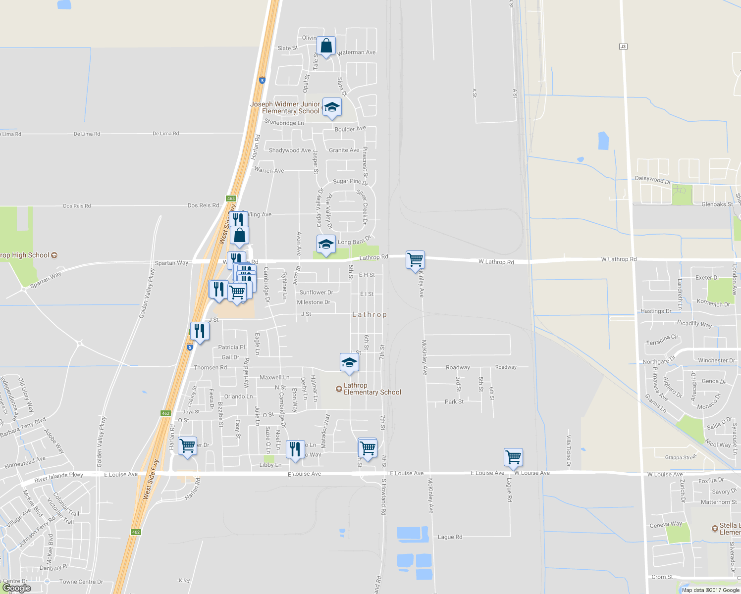 map of restaurants, bars, coffee shops, grocery stores, and more near 1010 East I Street in Lathrop