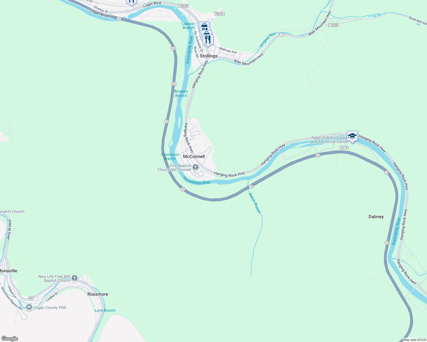 map of restaurants, bars, coffee shops, grocery stores, and more near 1602 Hanging Rock Highway in Stollings