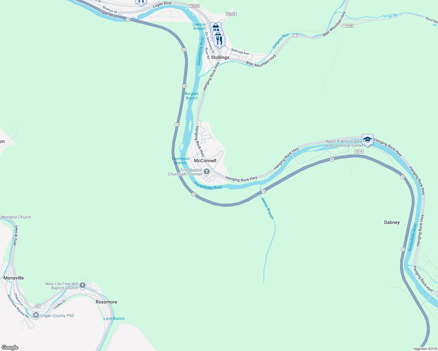 map of restaurants, bars, coffee shops, grocery stores, and more near 1602 Hanging Rock Highway in McConnell