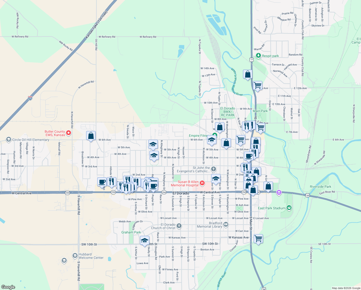 map of restaurants, bars, coffee shops, grocery stores, and more near 614 N High St in El Dorado
