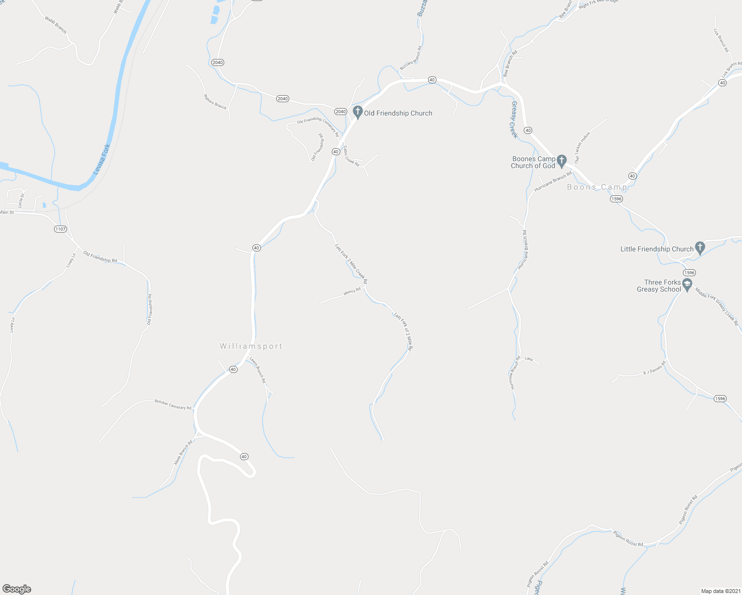 map of restaurants, bars, coffee shops, grocery stores, and more near Left Fork 2 Mile Creek Road in Williamsport