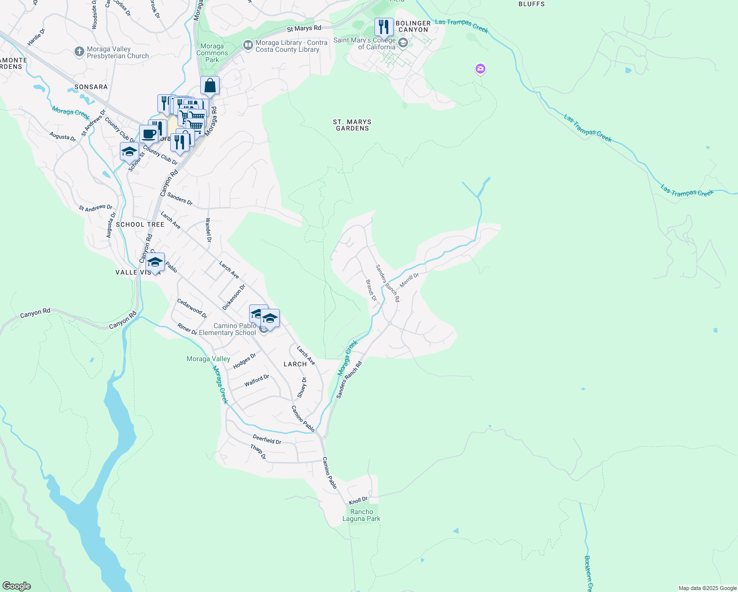 map of restaurants, bars, coffee shops, grocery stores, and more near 19 Brandt Drive in Moraga