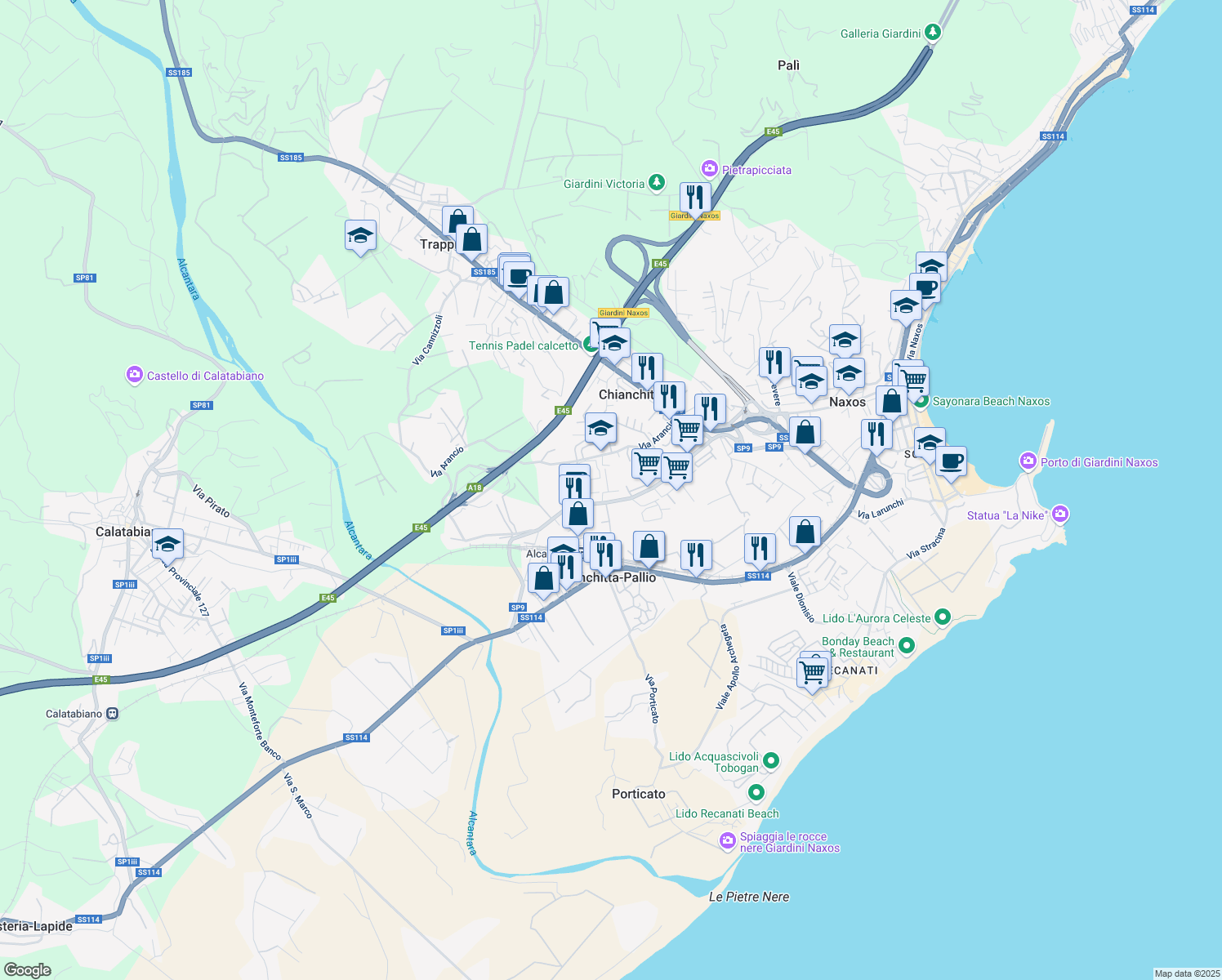 map of restaurants, bars, coffee shops, grocery stores, and more near 15 Via Elio Vittorini in Chianchitta