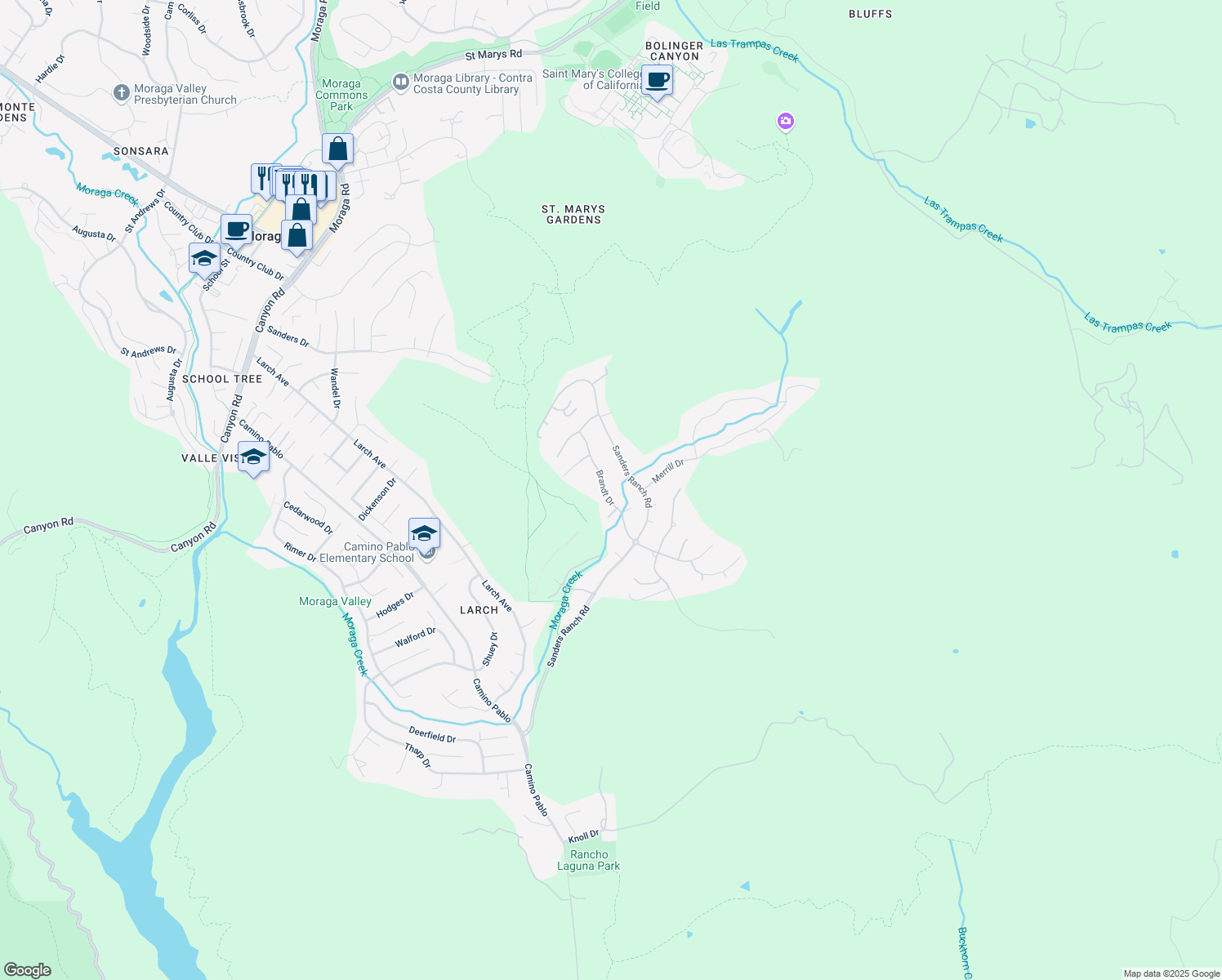 map of restaurants, bars, coffee shops, grocery stores, and more near 19 Brandt Drive in Moraga