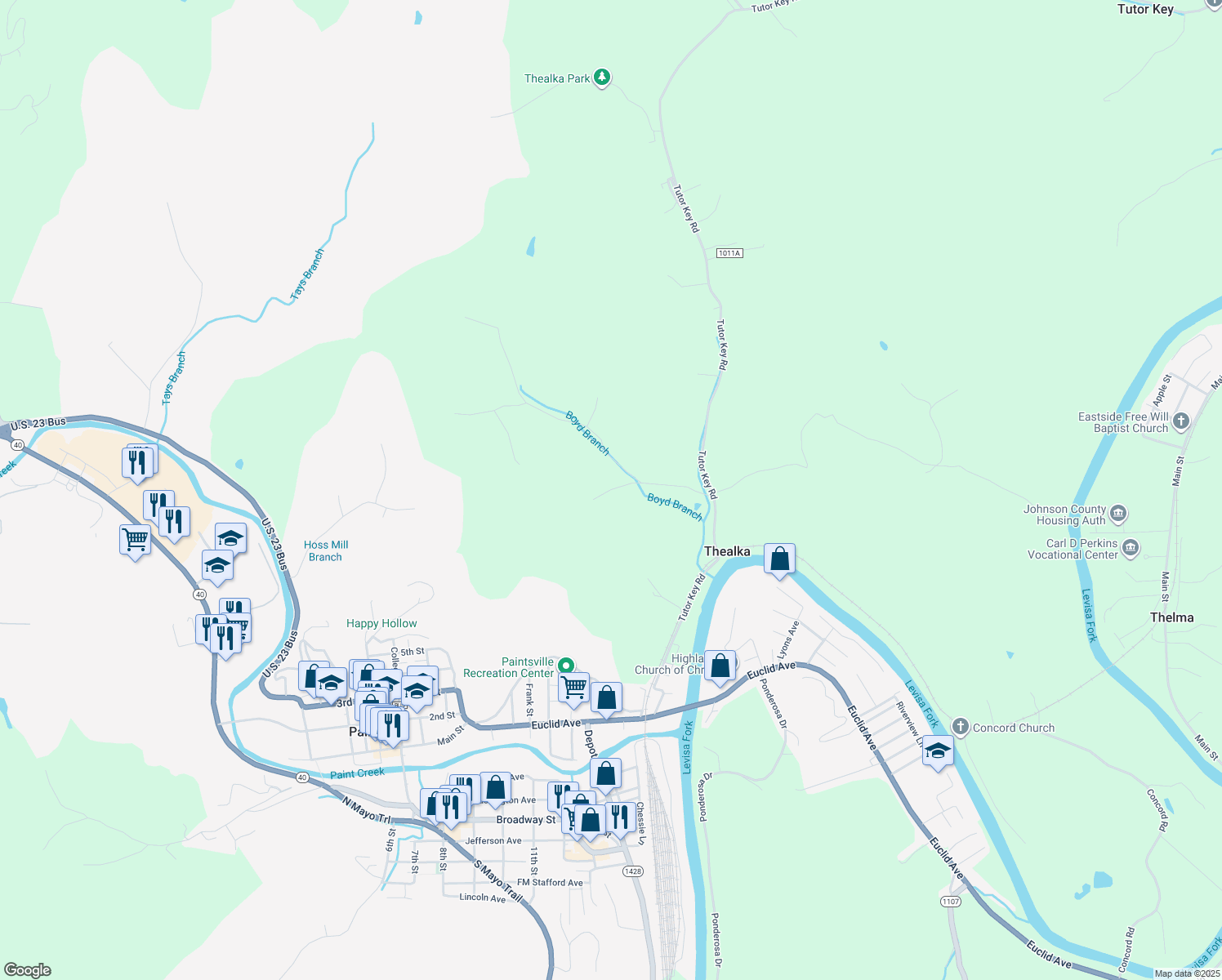 map of restaurants, bars, coffee shops, grocery stores, and more near Silk Stocking Road in Paintsville