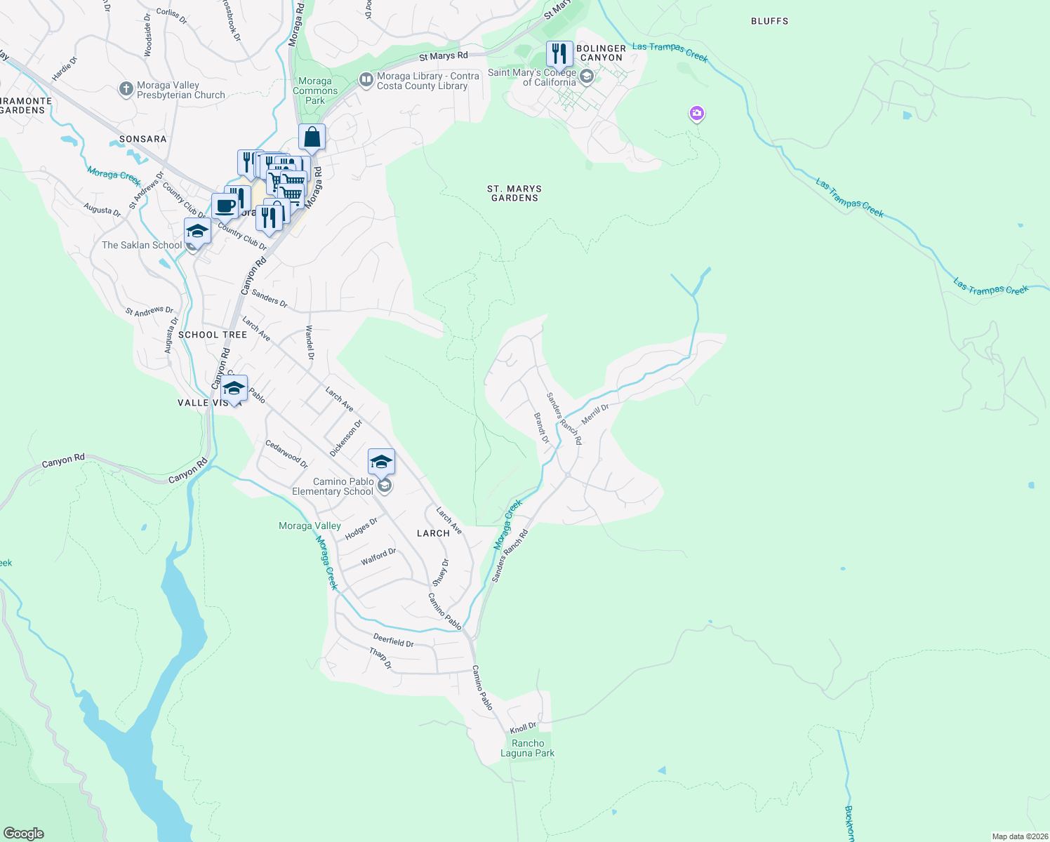 map of restaurants, bars, coffee shops, grocery stores, and more near 29 Brandt Drive in Moraga