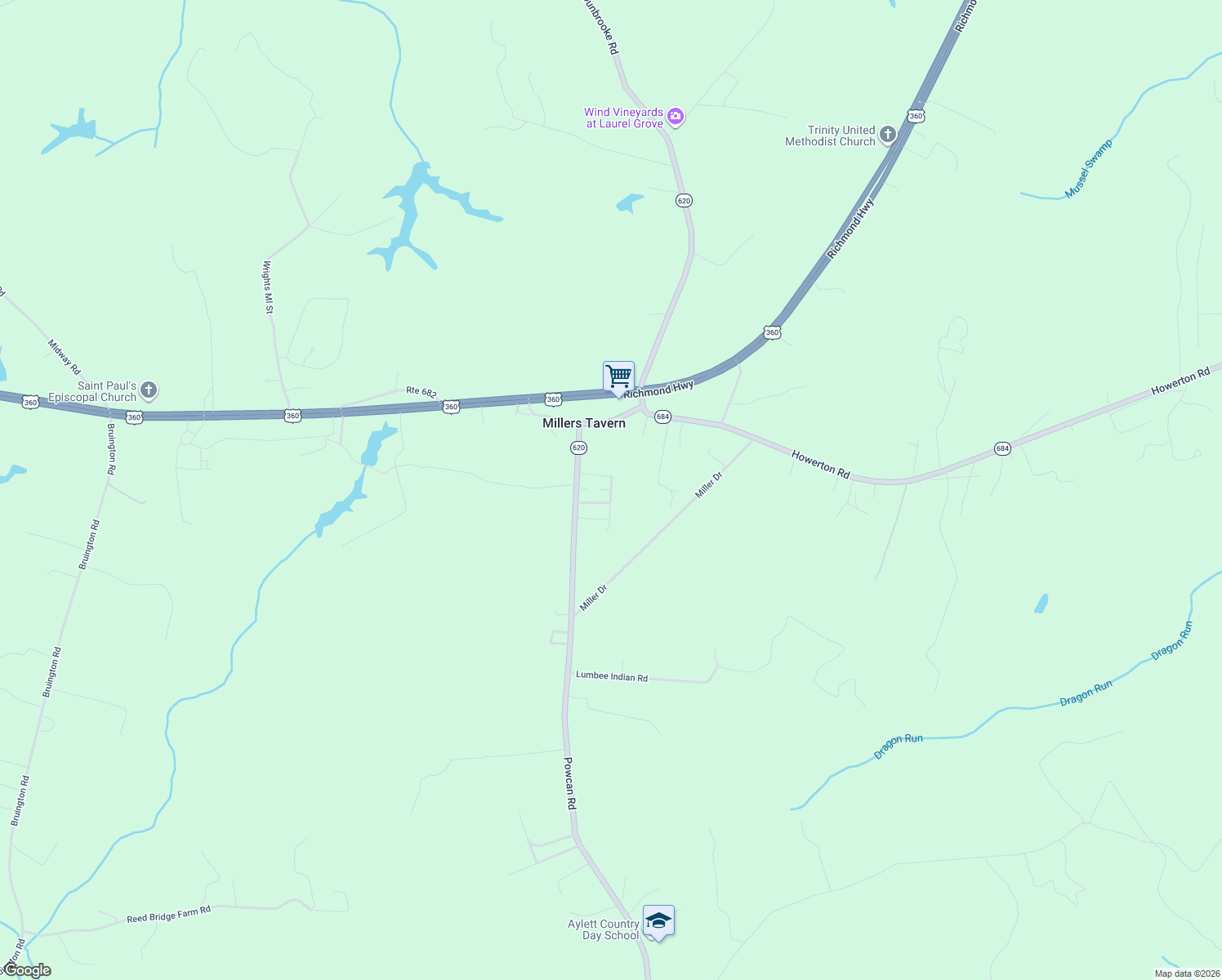 map of restaurants, bars, coffee shops, grocery stores, and more near Apache Road in Tappahannock