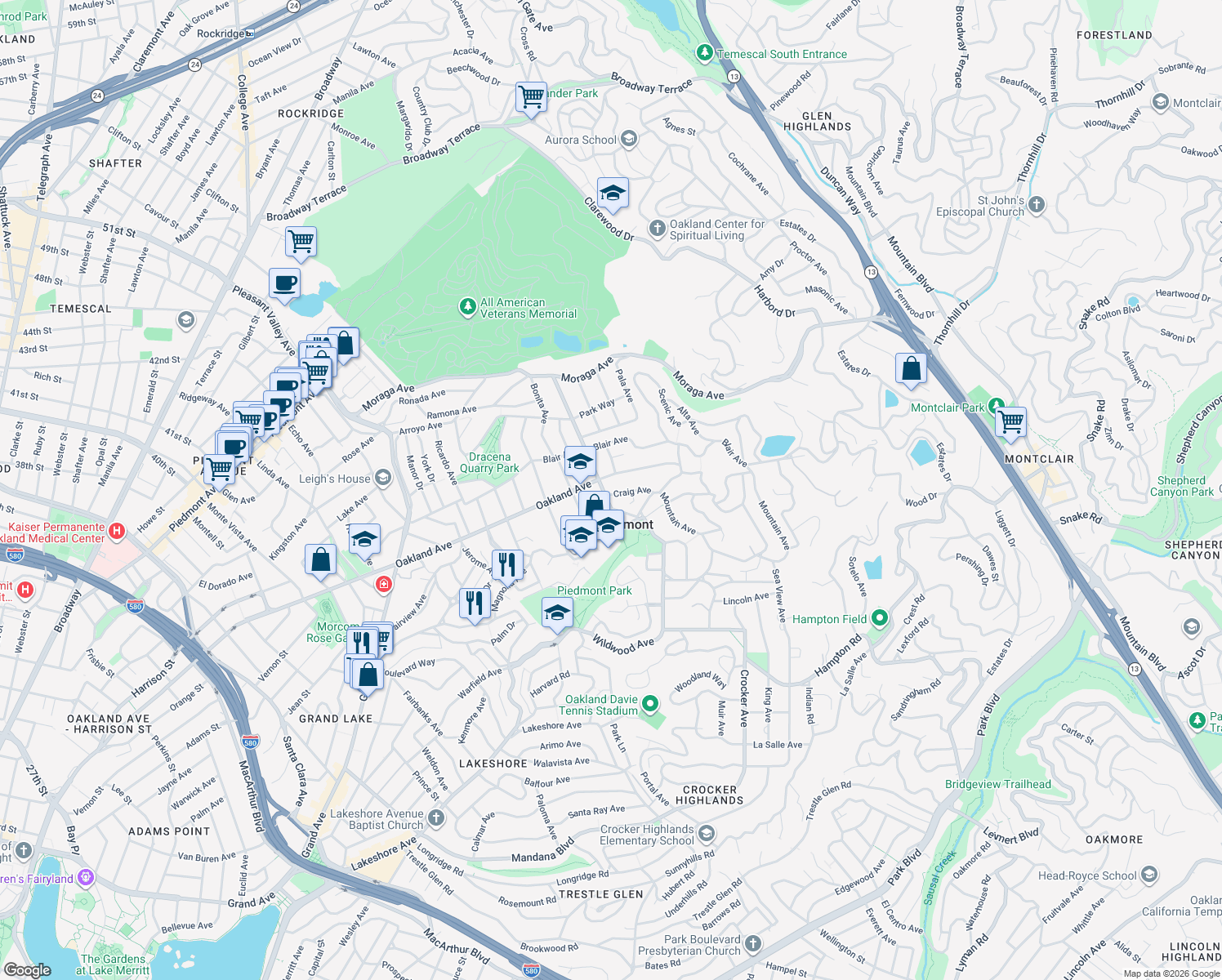 map of restaurants, bars, coffee shops, grocery stores, and more near 3 Craig Avenue in Piedmont