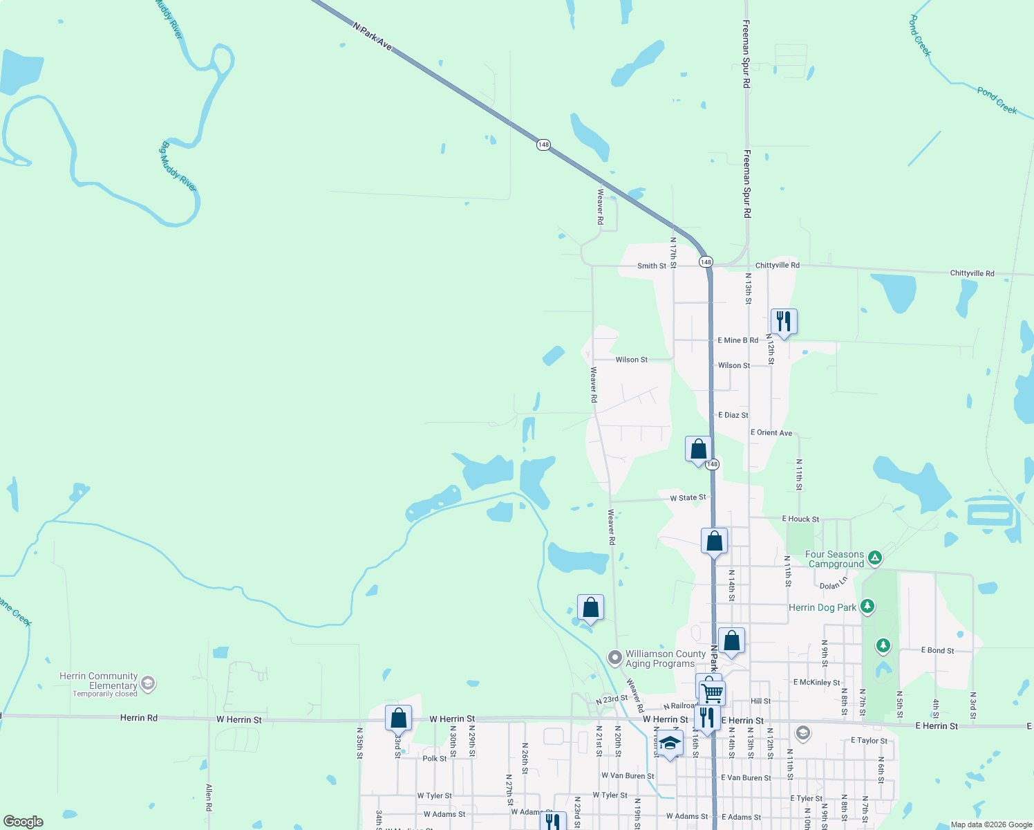 map of restaurants, bars, coffee shops, grocery stores, and more near 604 Tower Rd in Herrin