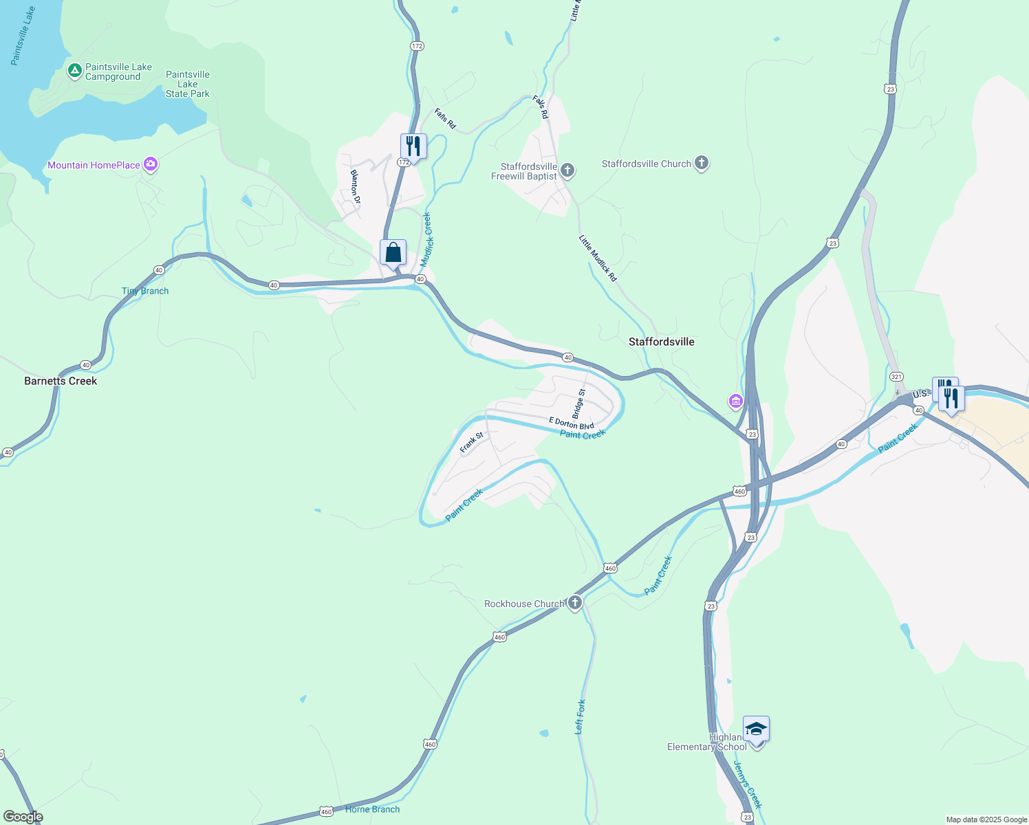 map of restaurants, bars, coffee shops, grocery stores, and more near 310 E Dorton Blvd in Staffordsville