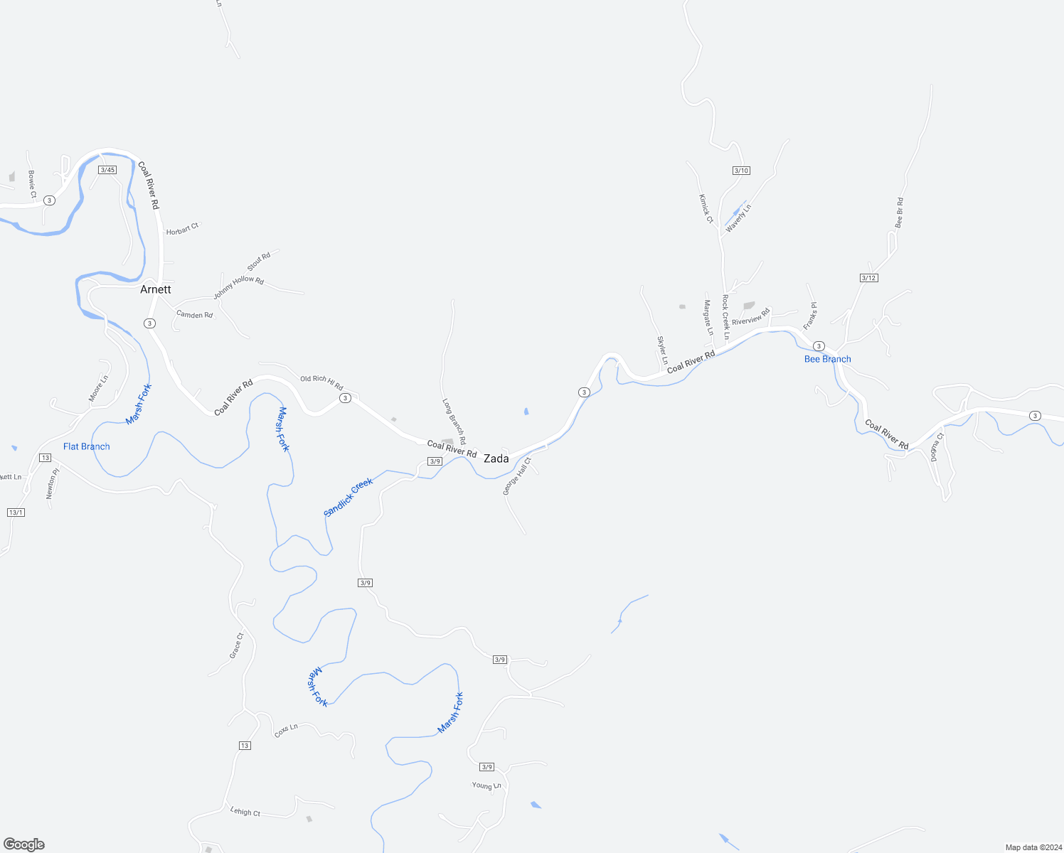 map of restaurants, bars, coffee shops, grocery stores, and more near 3512 Coal River Road in Arnett