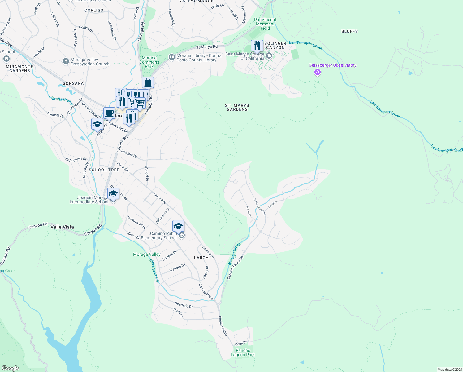 map of restaurants, bars, coffee shops, grocery stores, and more near 3 Peralta Court in Moraga