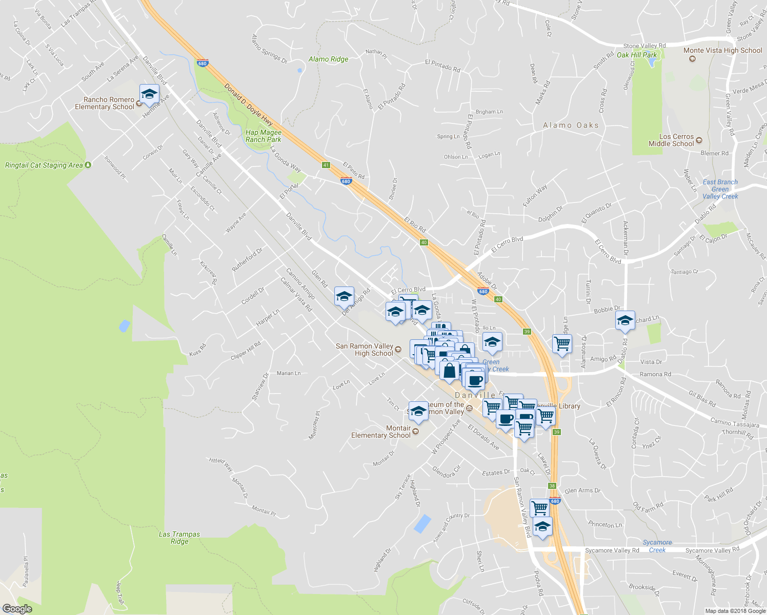 map of restaurants, bars, coffee shops, grocery stores, and more near 19 Danville Oak Place in Danville