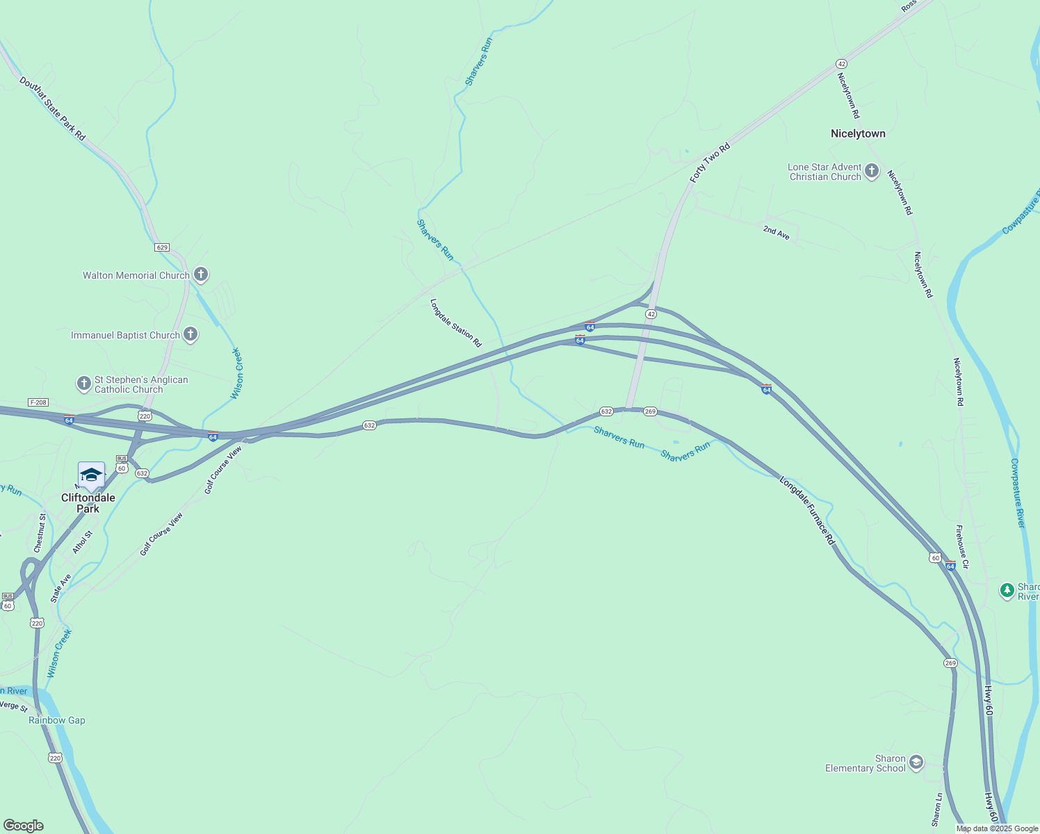 map of restaurants, bars, coffee shops, grocery stores, and more near 3300 Longdale Furnace Road in Clifton Forge