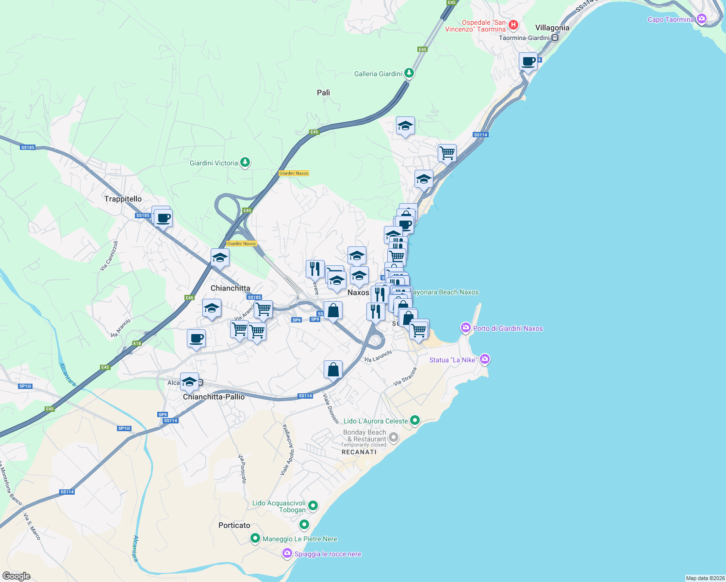 map of restaurants, bars, coffee shops, grocery stores, and more near 26 Via Fontana Serro in Giardini-naxos