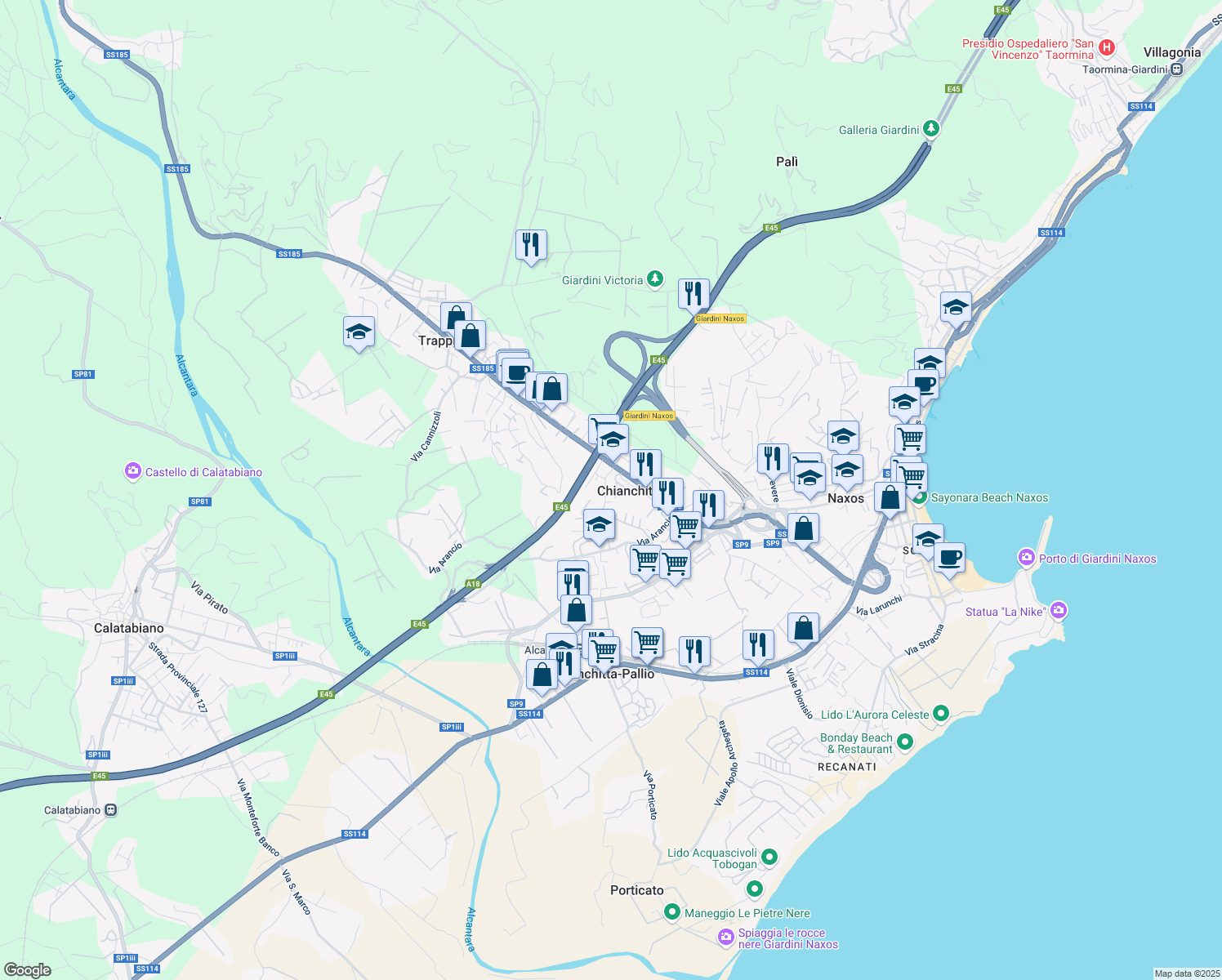 map of restaurants, bars, coffee shops, grocery stores, and more near Via Ruggero Leoncavallo in Chianchitta