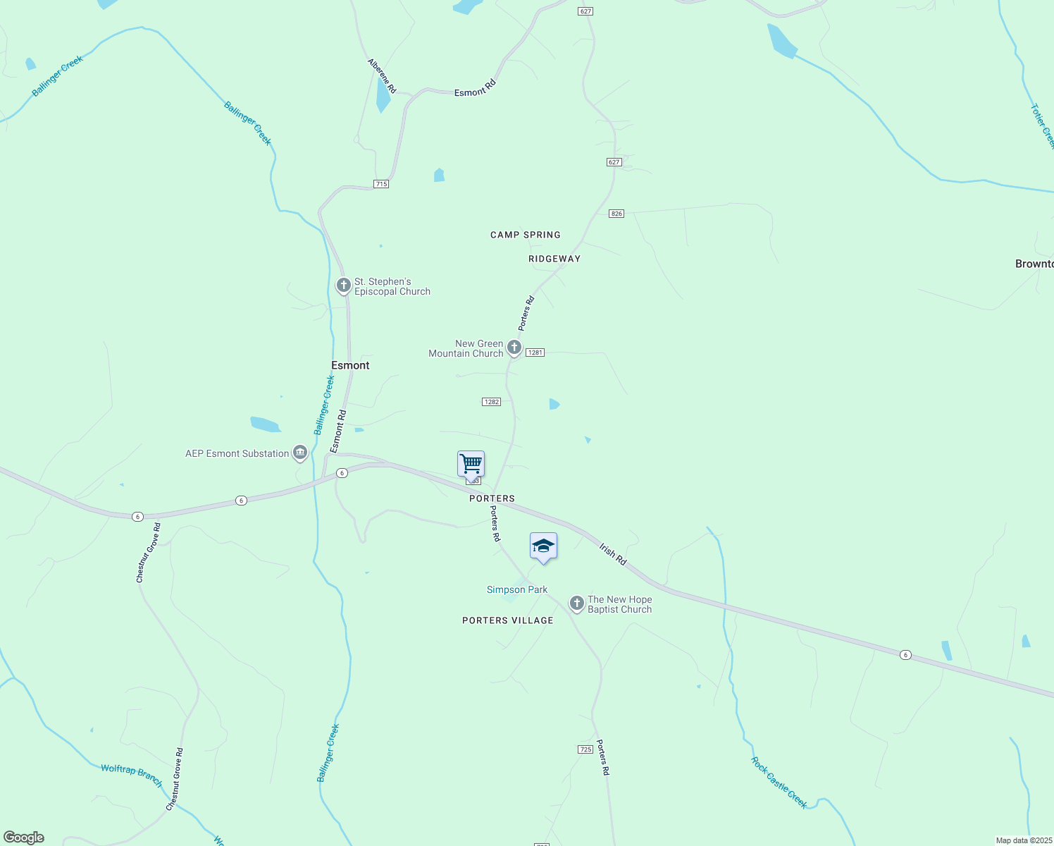 map of restaurants, bars, coffee shops, grocery stores, and more near 7359 Porters Road in Esmont