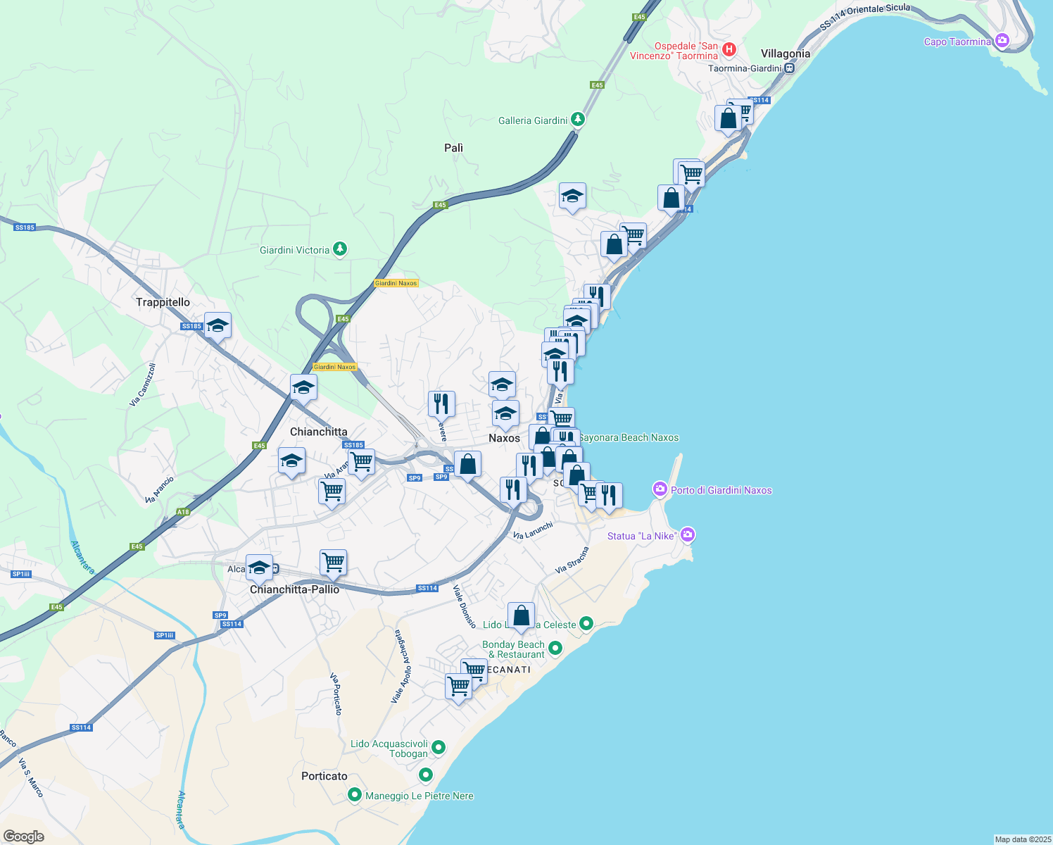 map of restaurants, bars, coffee shops, grocery stores, and more near 14 Via Consolare Valeria in Giardini Naxos