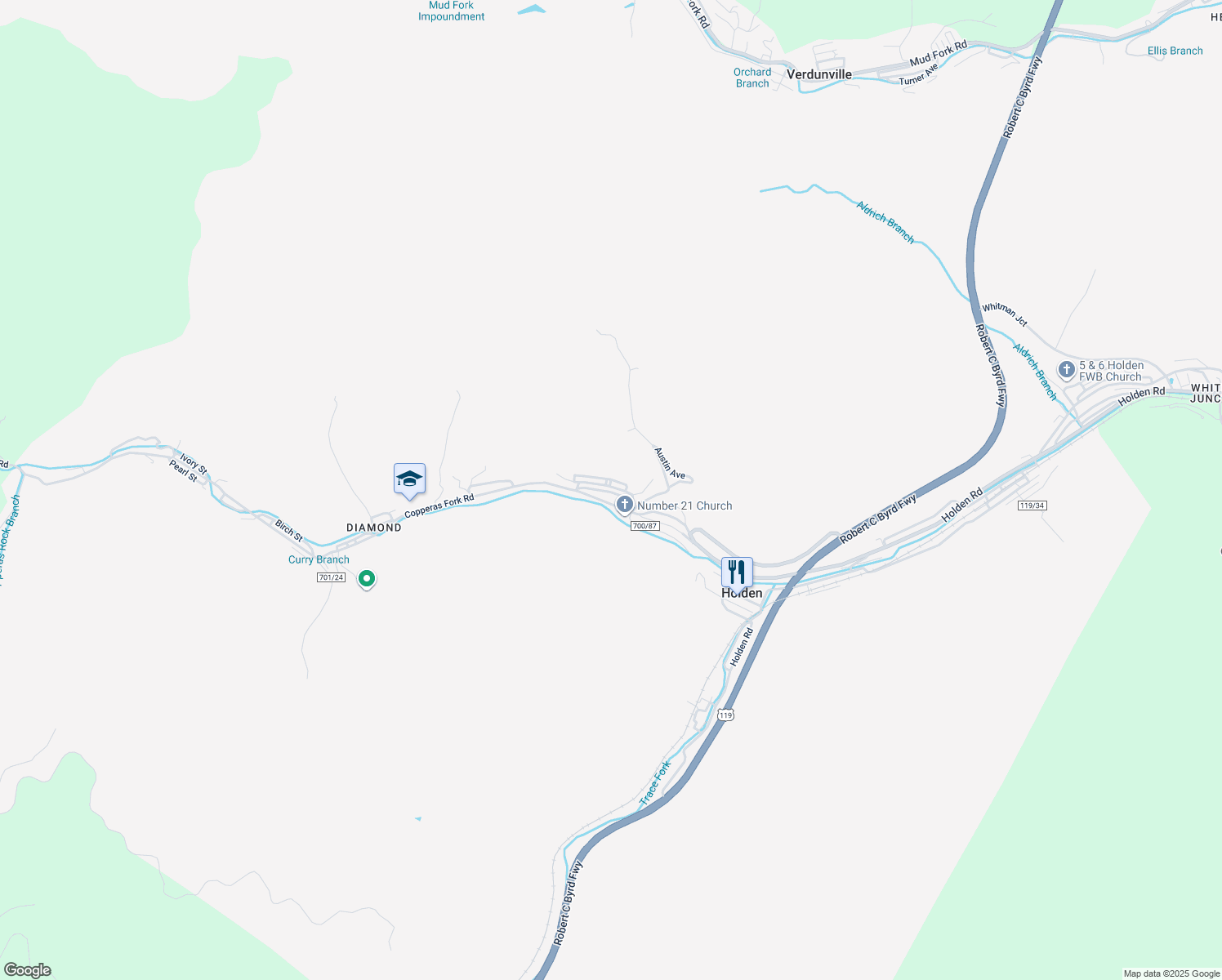 map of restaurants, bars, coffee shops, grocery stores, and more near 123 Freemont Loop in Holden