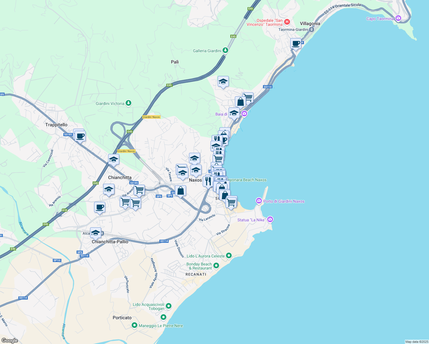 map of restaurants, bars, coffee shops, grocery stores, and more near 14 Via Consolare Valeria in Giardini Naxos
