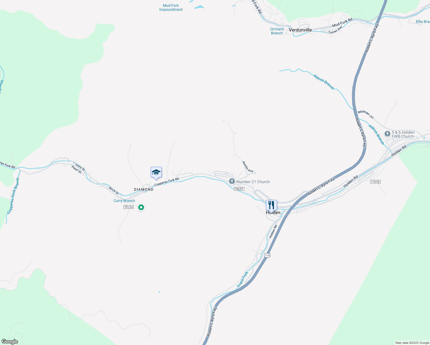 map of restaurants, bars, coffee shops, grocery stores, and more near 406-414 County Highway 700/87 in Holden