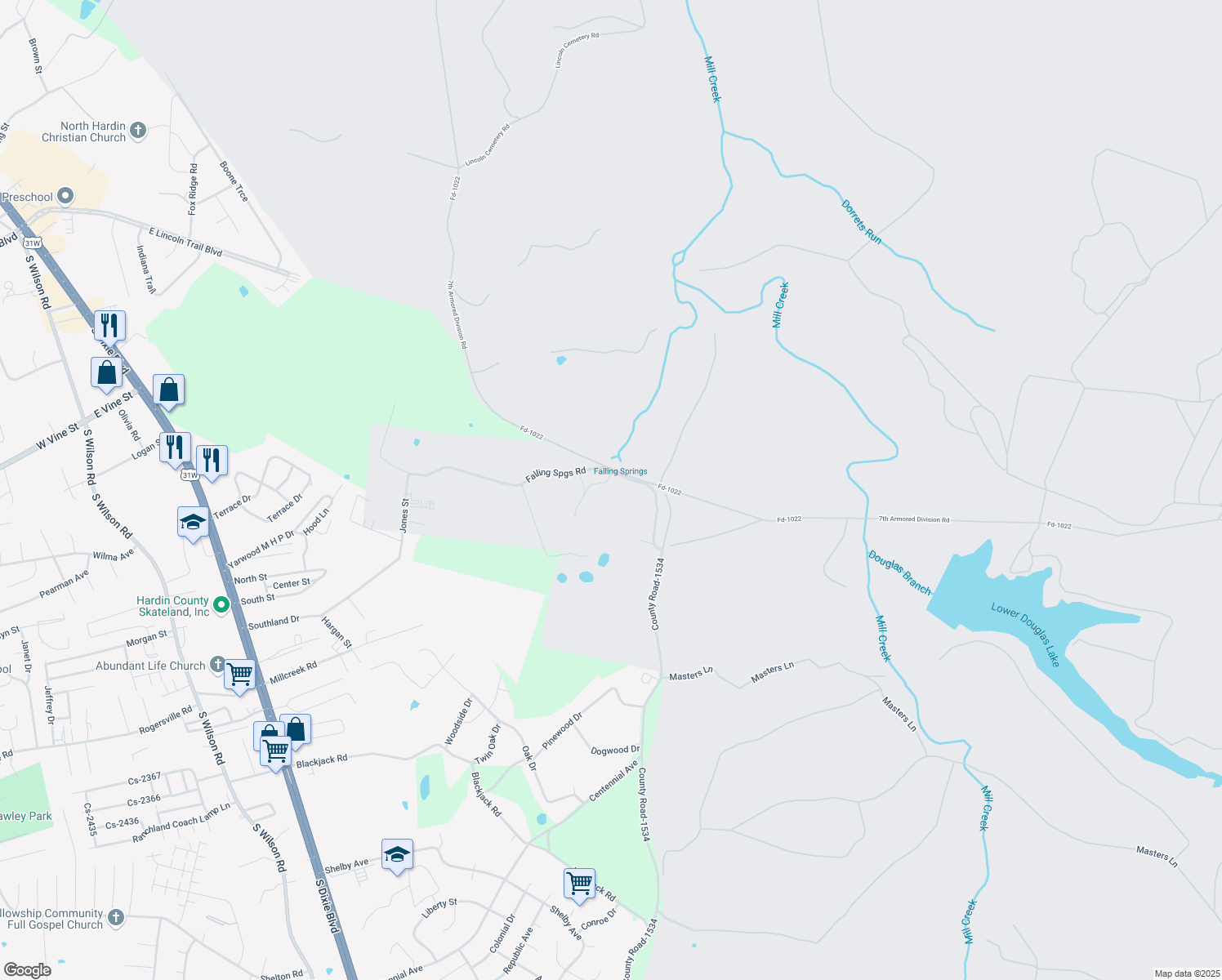 map of restaurants, bars, coffee shops, grocery stores, and more near 1-399 Atherton Road in Radcliff