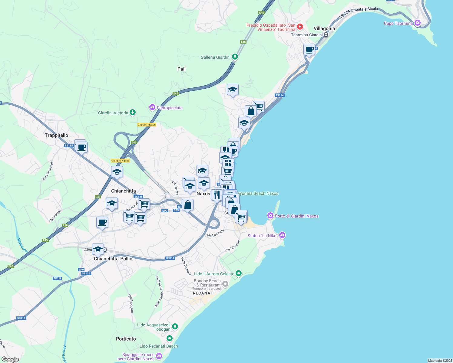 map of restaurants, bars, coffee shops, grocery stores, and more near 62 Vico Delle Lampare in Giardini Naxos