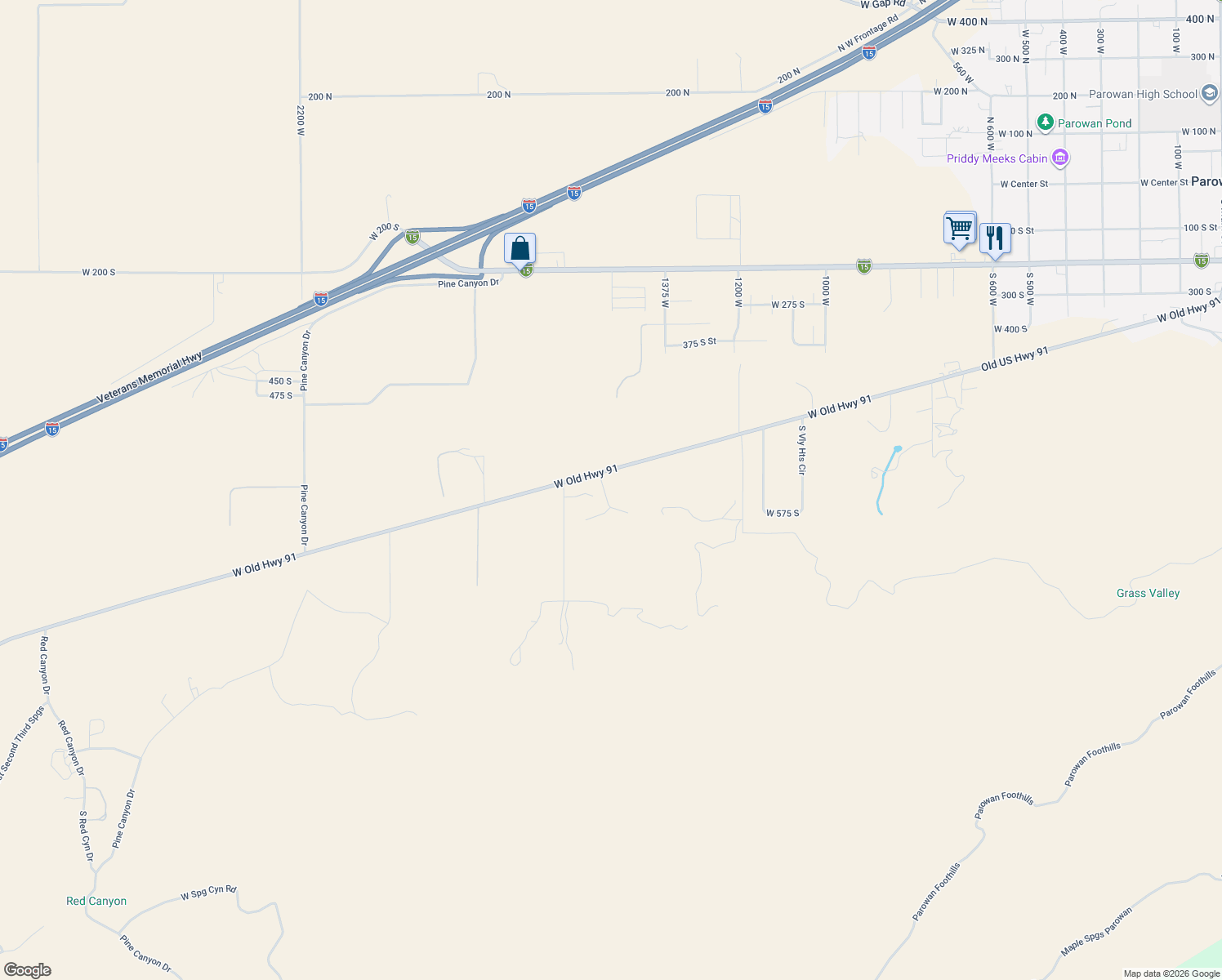 map of restaurants, bars, coffee shops, grocery stores, and more near 1214 Old US Highway 91 in Parowan