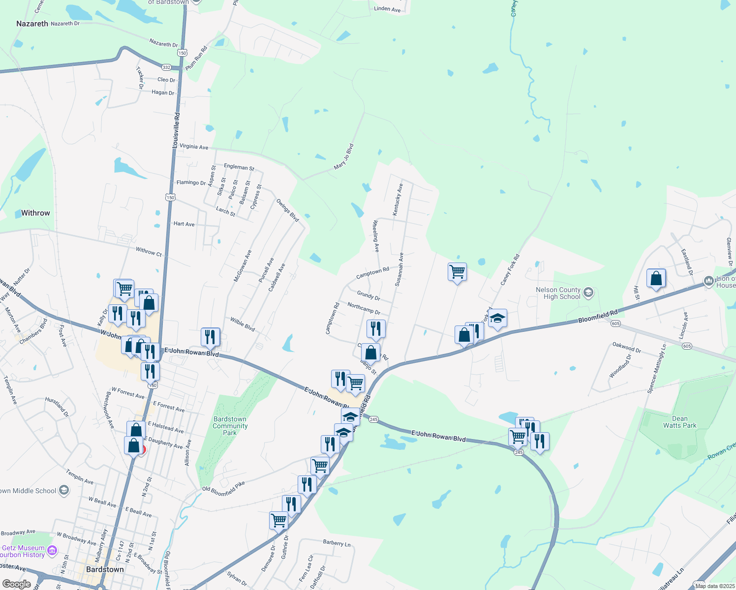 map of restaurants, bars, coffee shops, grocery stores, and more near Grundy Drive in Bardstown