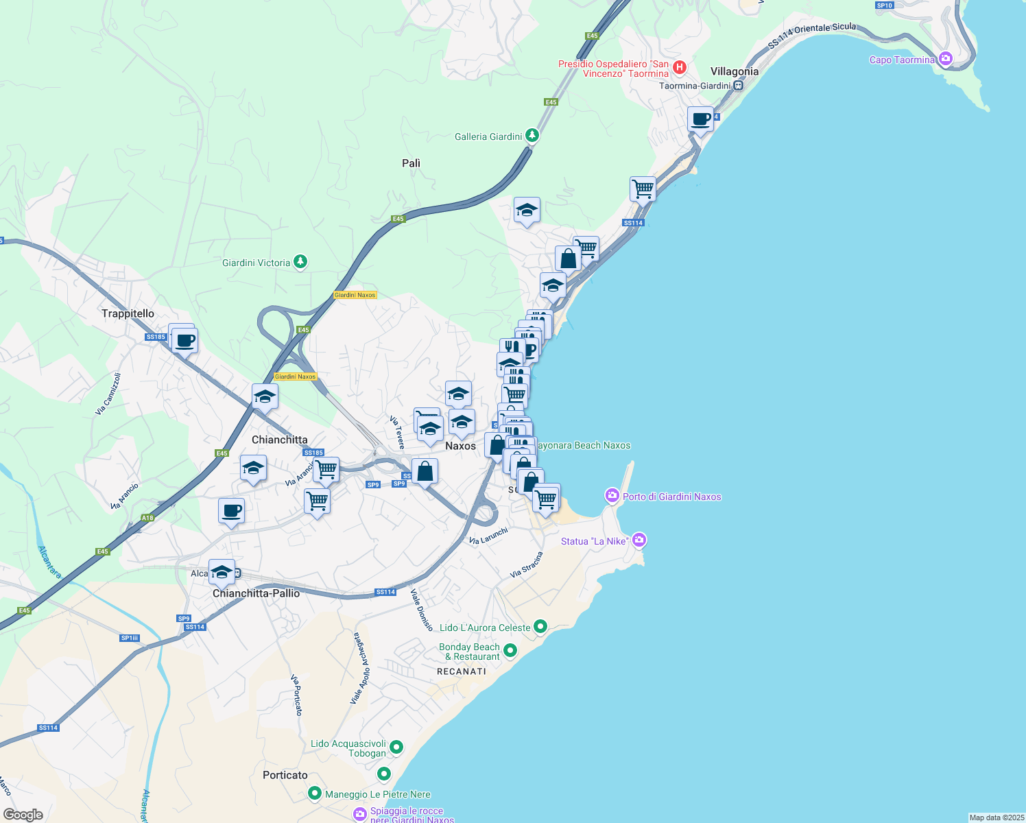 map of restaurants, bars, coffee shops, grocery stores, and more near 20 Via Naxos in Giardini Naxos