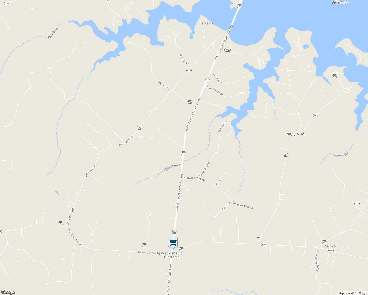 map of restaurants, bars, coffee shops, grocery stores, and more near Jessie Dupont Memorial Highway in Heathsville