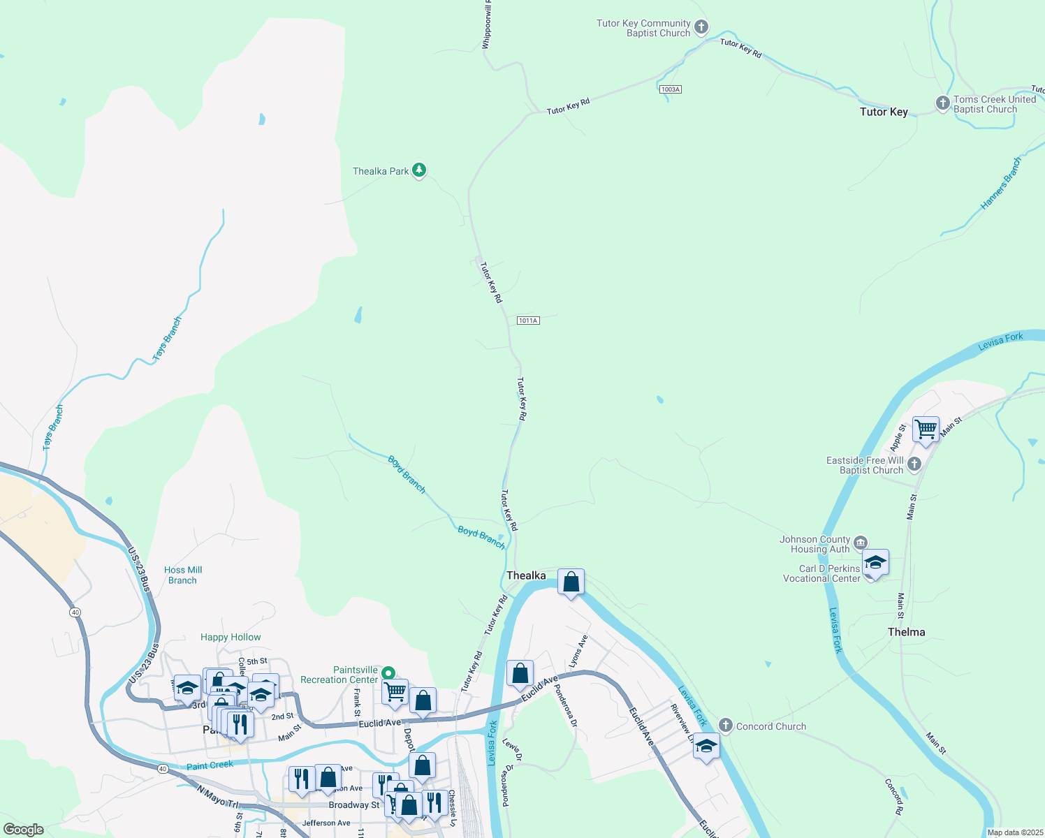map of restaurants, bars, coffee shops, grocery stores, and more near State Highway 581 in Paintsville