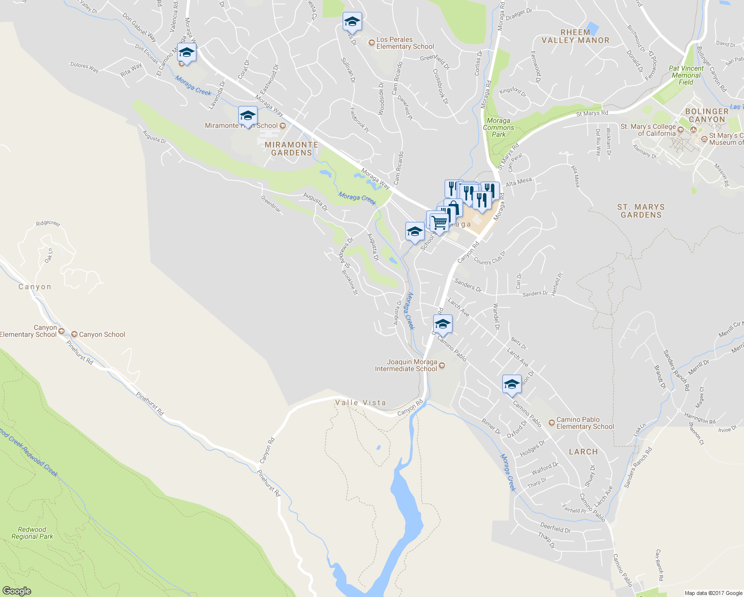 map of restaurants, bars, coffee shops, grocery stores, and more near 20 Broadmoor Street in Moraga